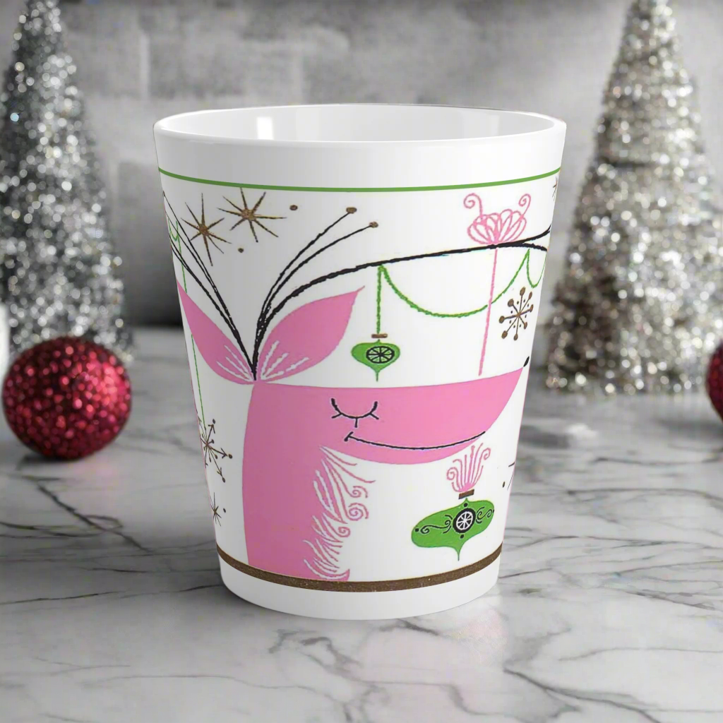 Pink Reindeer With Ornaments Mid Century Retro Christmas Print Latte Coffee Mug