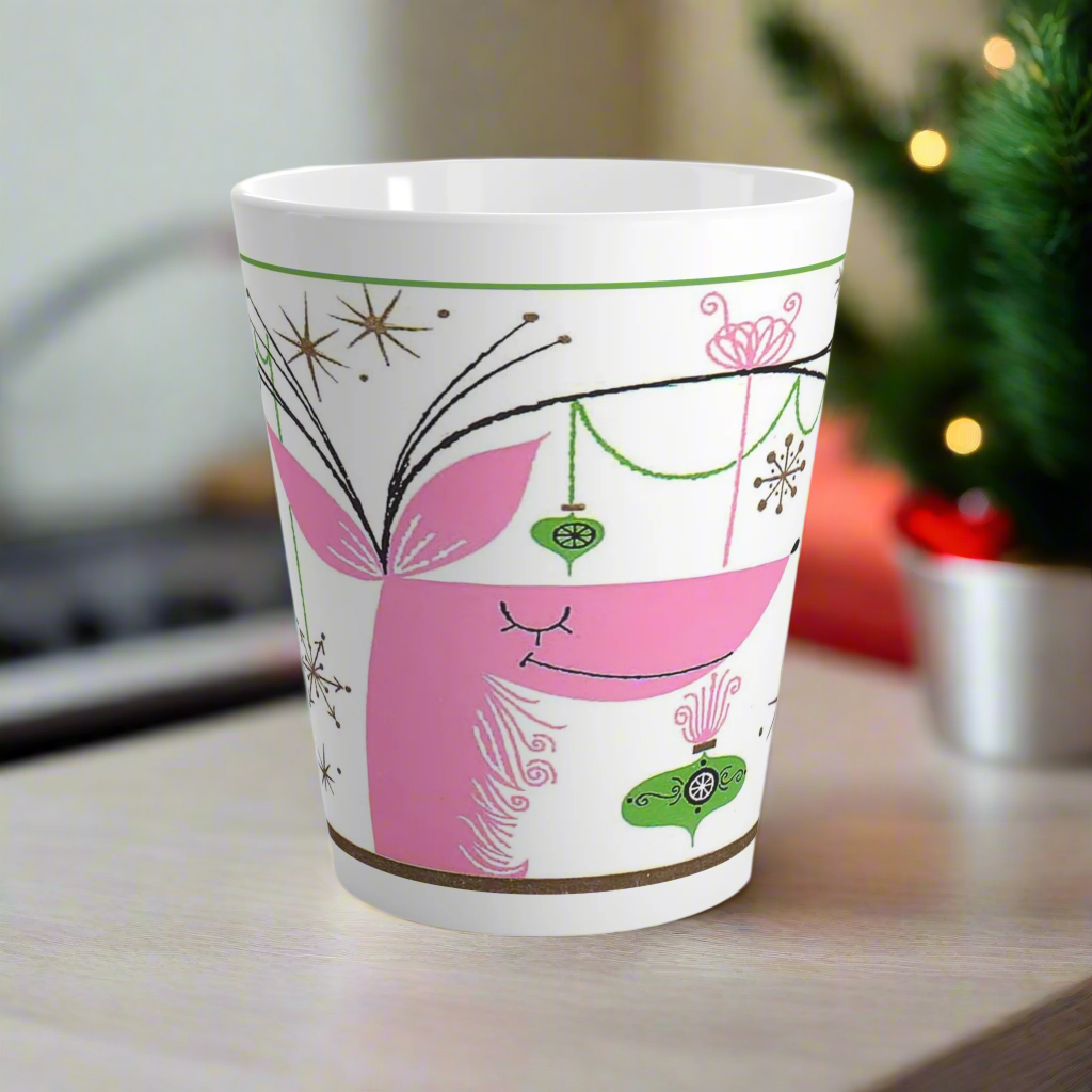 Pink Reindeer With Ornaments Mid Century Retro Christmas Print Latte Coffee Mug