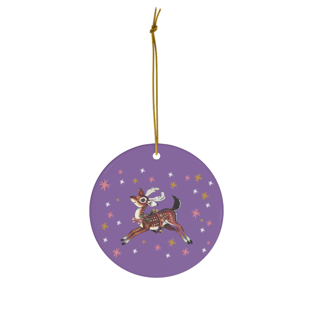 Reindeer Stars Purple Mid Century Retro Christmas Print Ceramic Ornament
