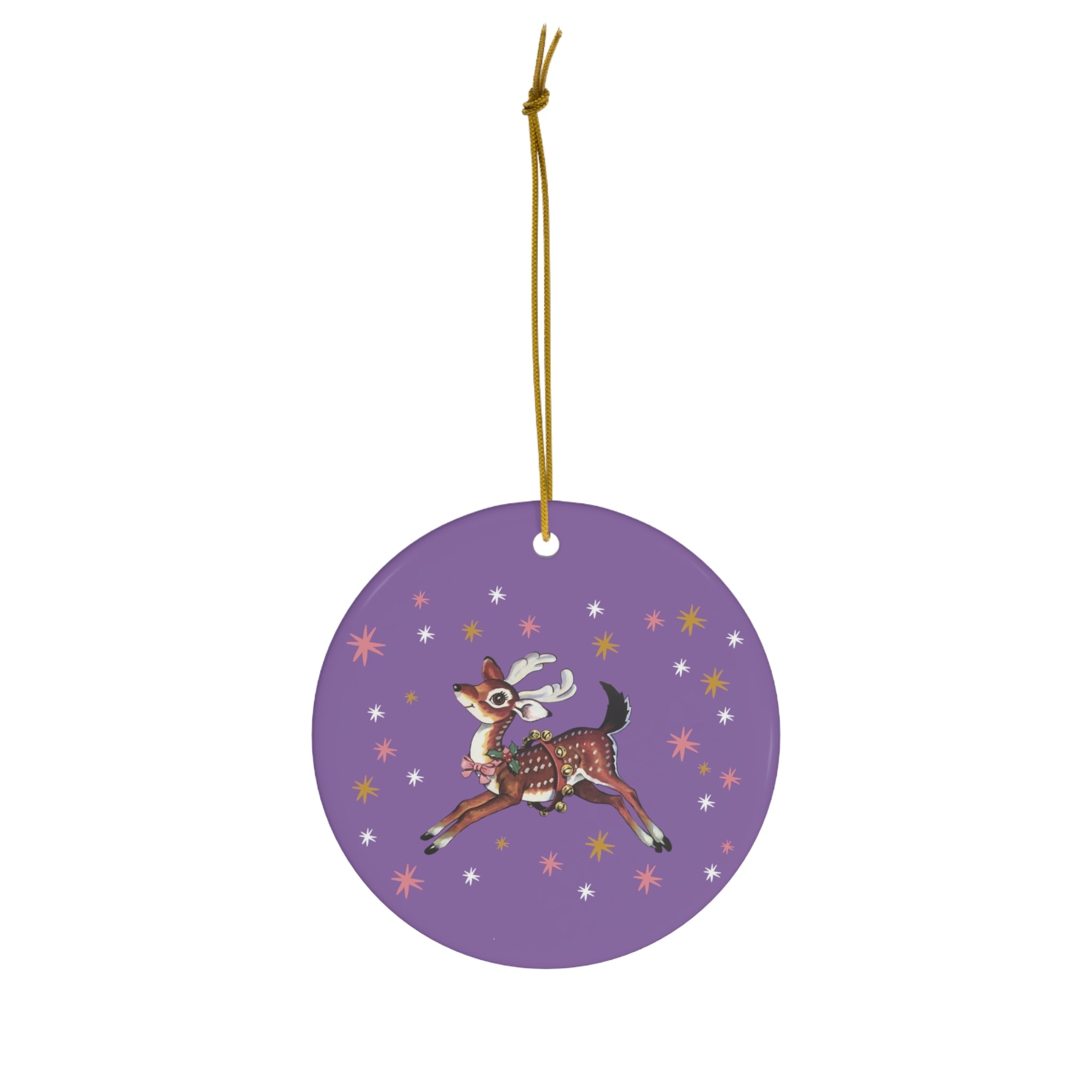 Reindeer Stars Purple Mid Century Retro Christmas Print Ceramic Ornament