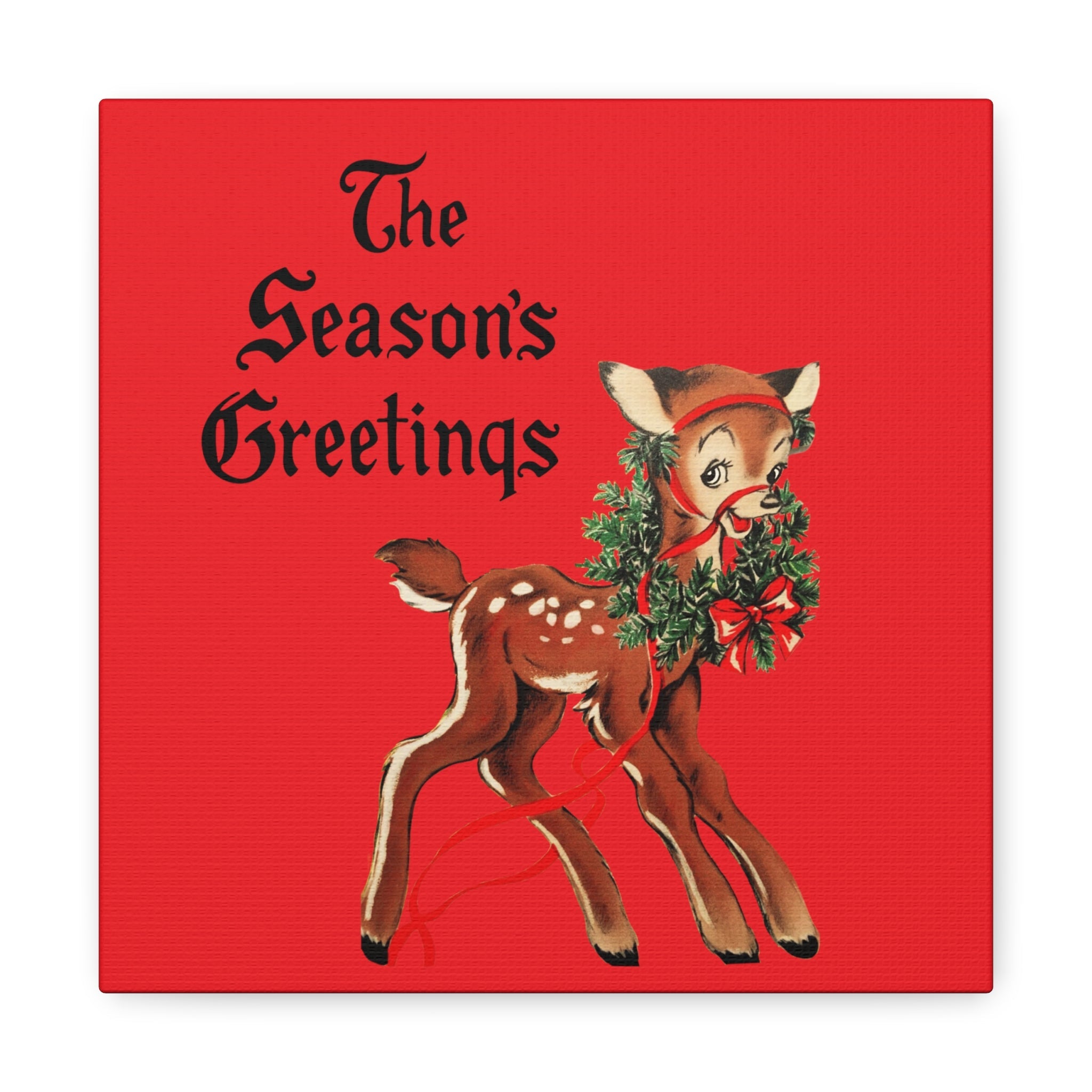 The Season's Greetings Retro Reindeer With Wreath Canvas Gallery Wrap