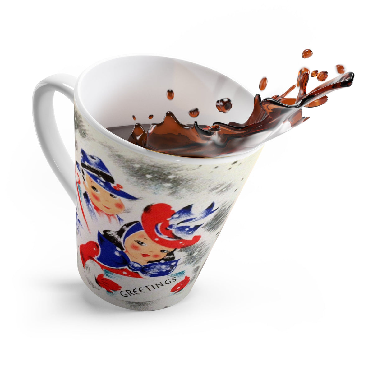 Greetings Christmas Couple With Presents Mid Century Retro Christmas Print Latte Coffee Mug