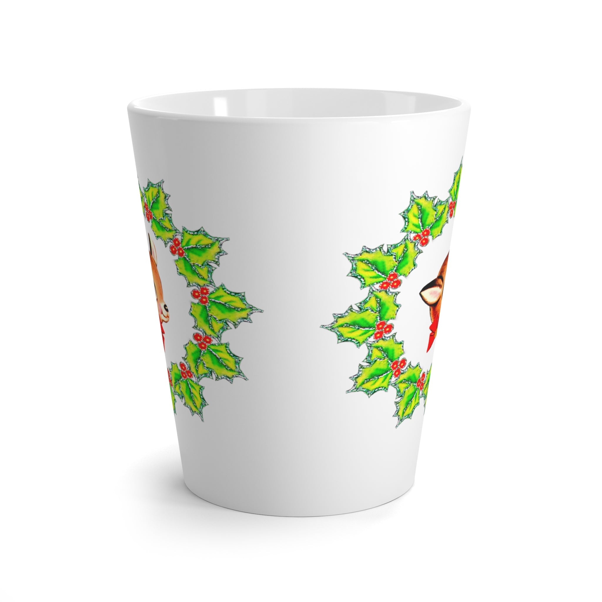 Christmas Reindeer In Holly Berry Wreath Mid Century Retro Christmas Print Latte Mug