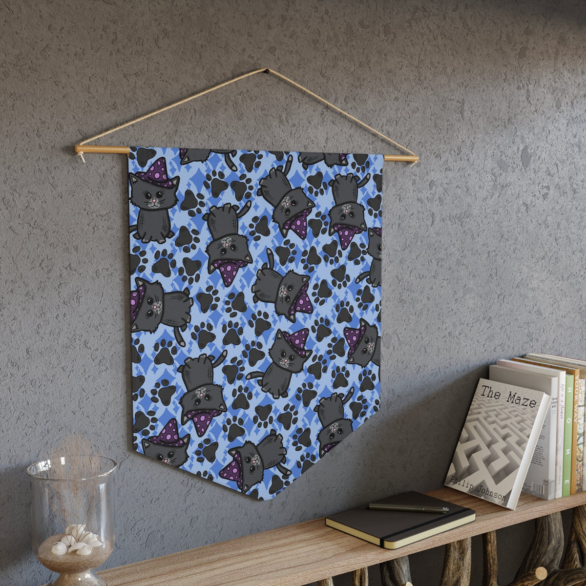 Witchy Kitties Blue Halloween Decor Print Wall Hanging Banner Flag