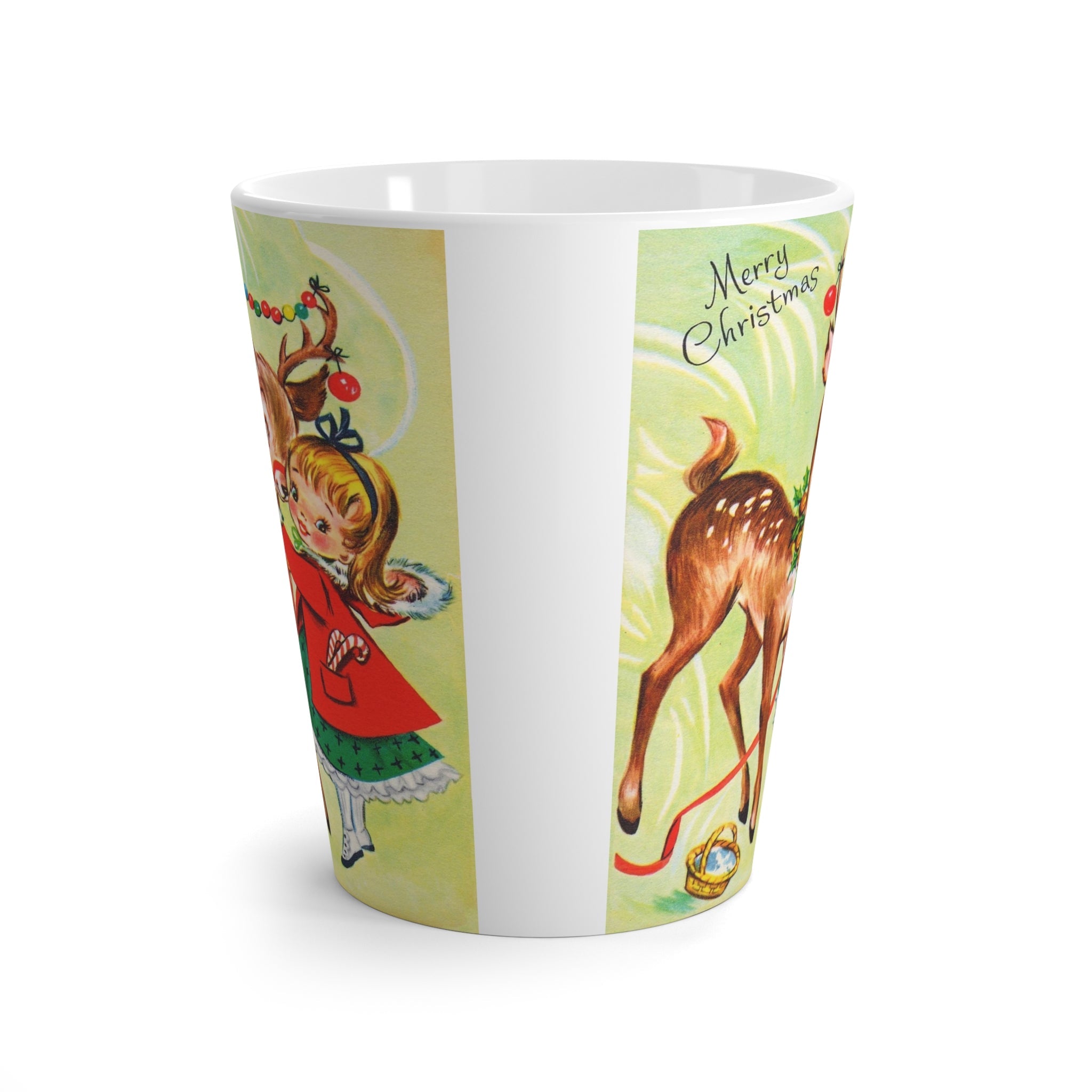 Merry Christmas Girl With Reindeer Retro Christmas Print Latte Coffee Mug