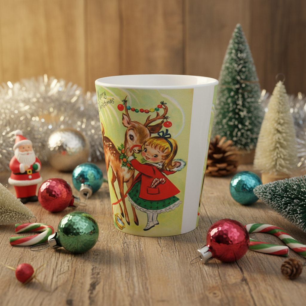 Merry Christmas Girl With Reindeer Retro Christmas Print Latte Coffee Mug