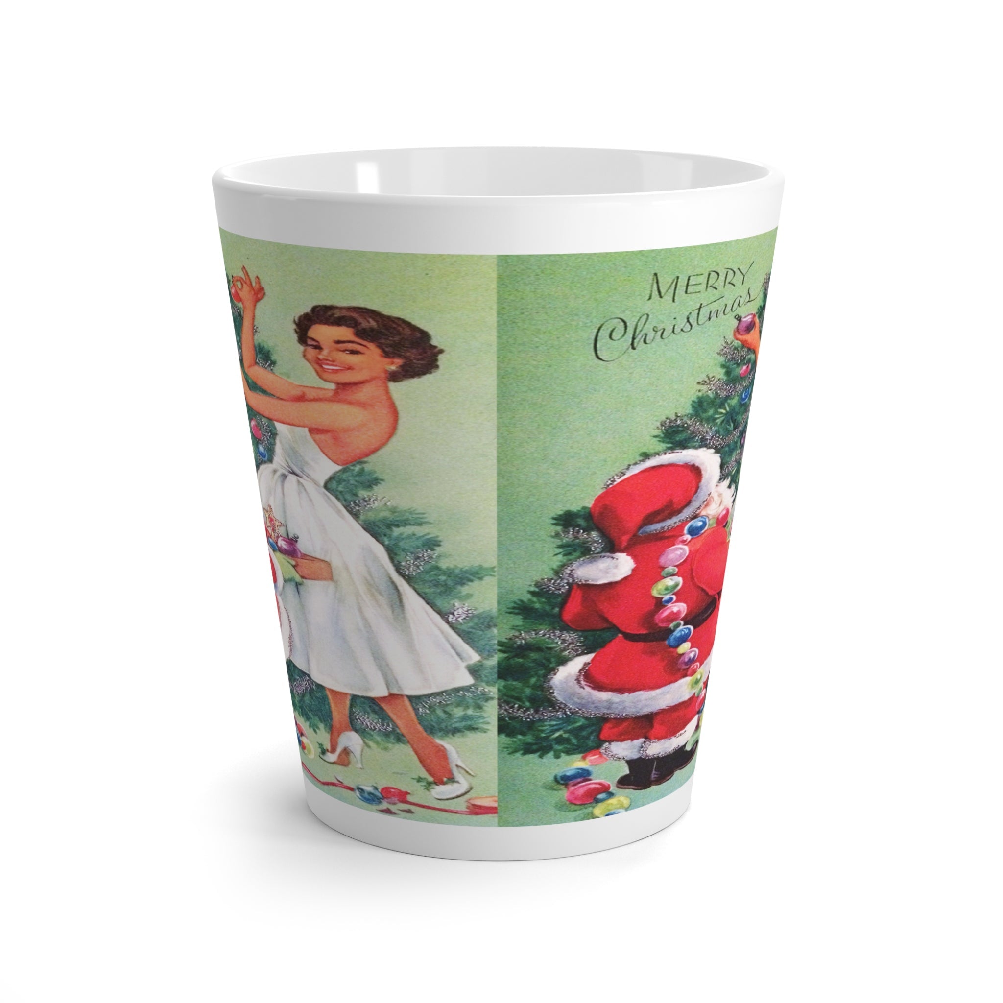 Merry Christmas Santa Tree Lady Mid Century Retro Christmas Print Latte Coffee Mug