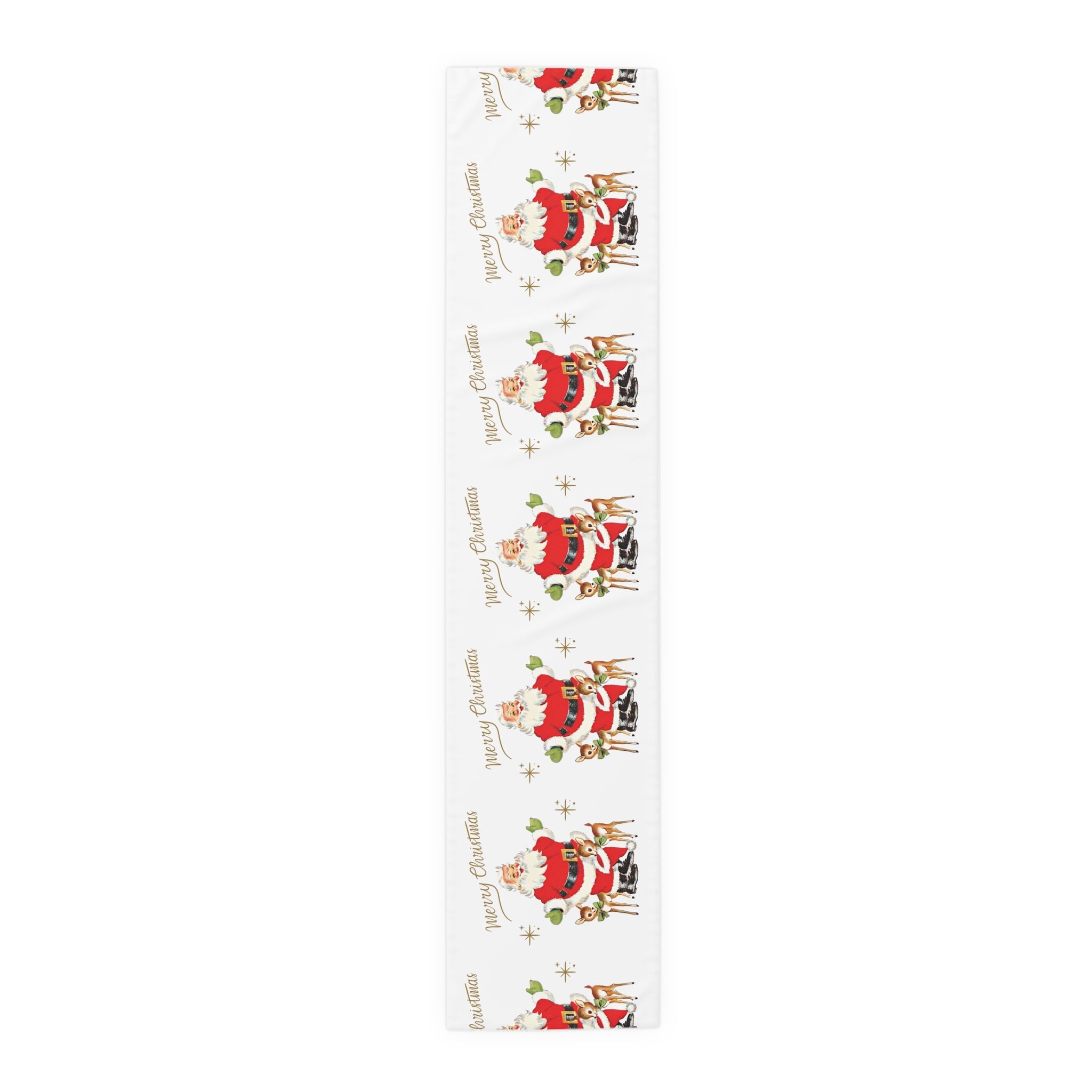 Merry Christmas Santa Reindeer Gold Stars Retro Christmas Table Runner
