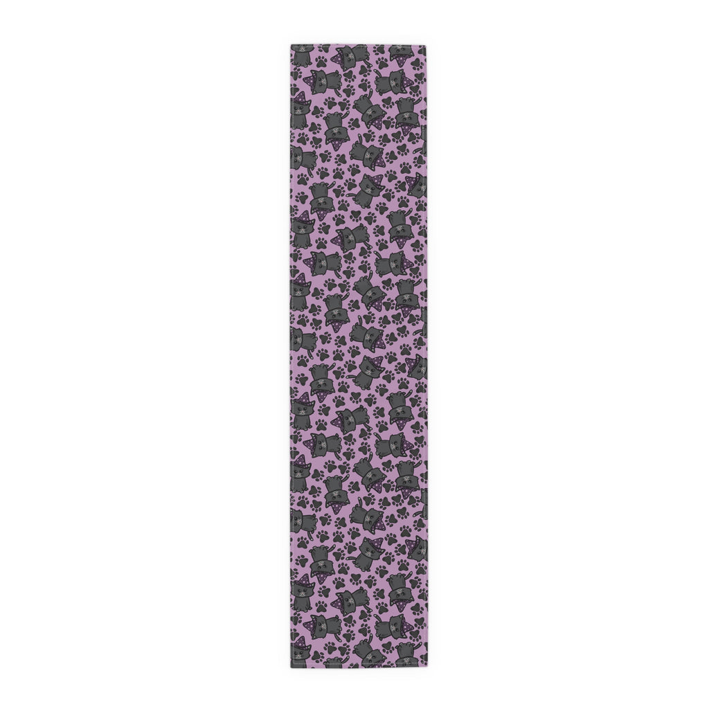 Witchy Kitties Cute Halloween Print Fall Autumn Decor Purple Cotton Poly Table Runner