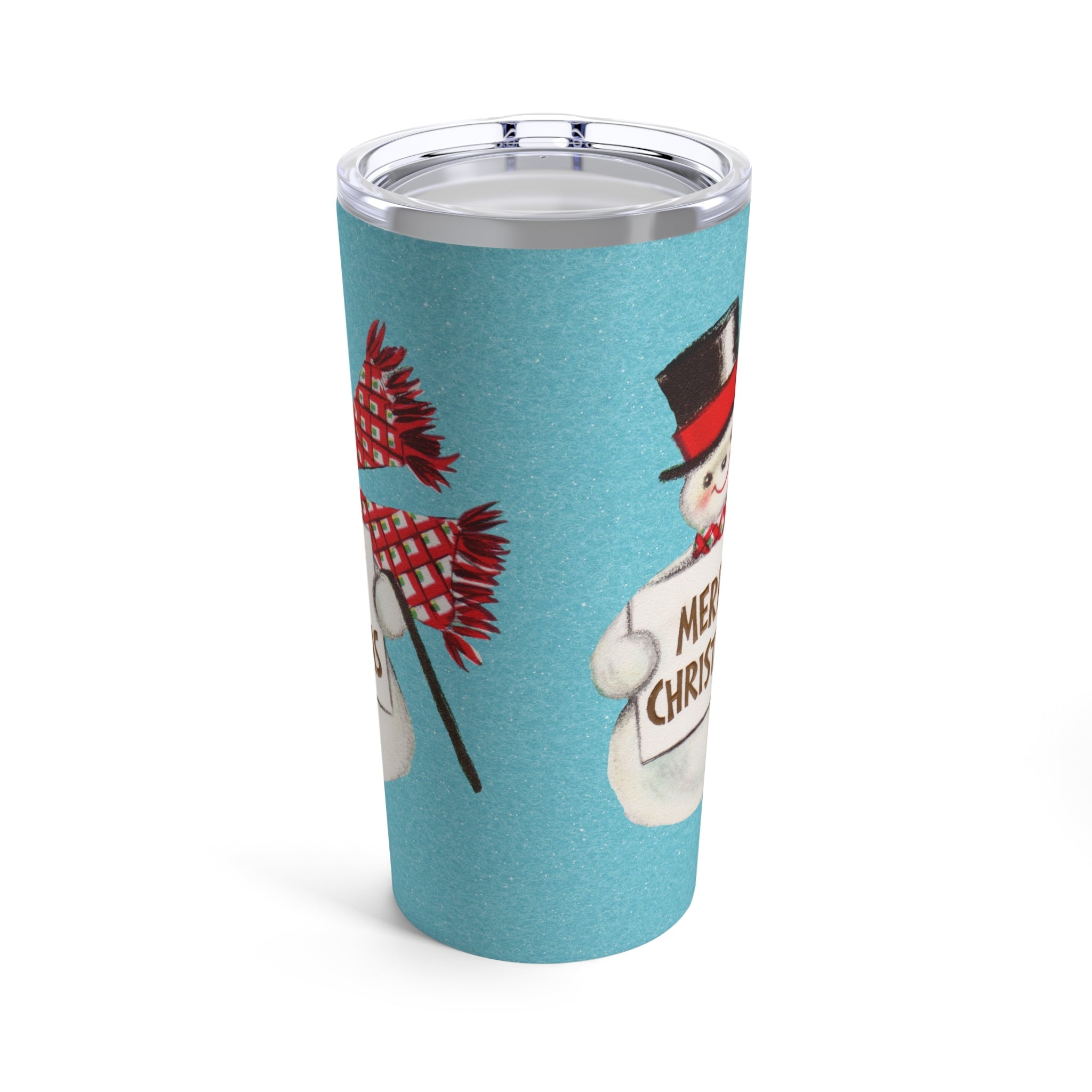 Merry Christmas Snowman Blue Mid Century Retro Christmas Print Stainless Steel Tumbler 20oz