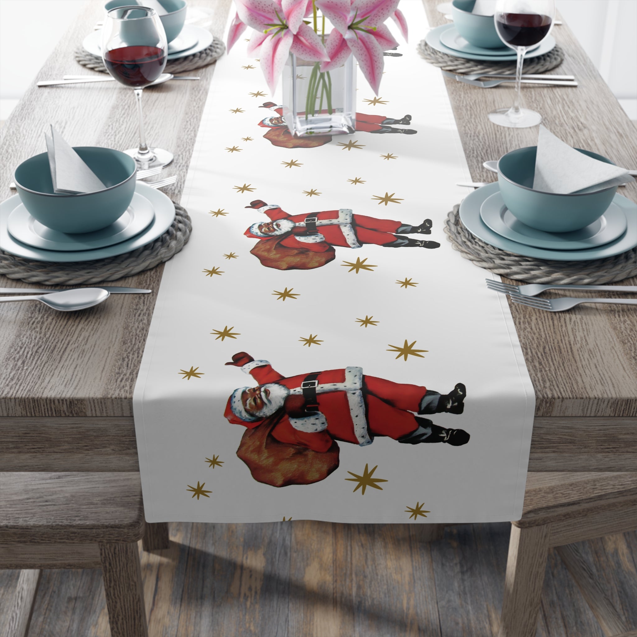 Midcentury Diverse Black Santa Gold Stars Vintage Polyester Table Runner