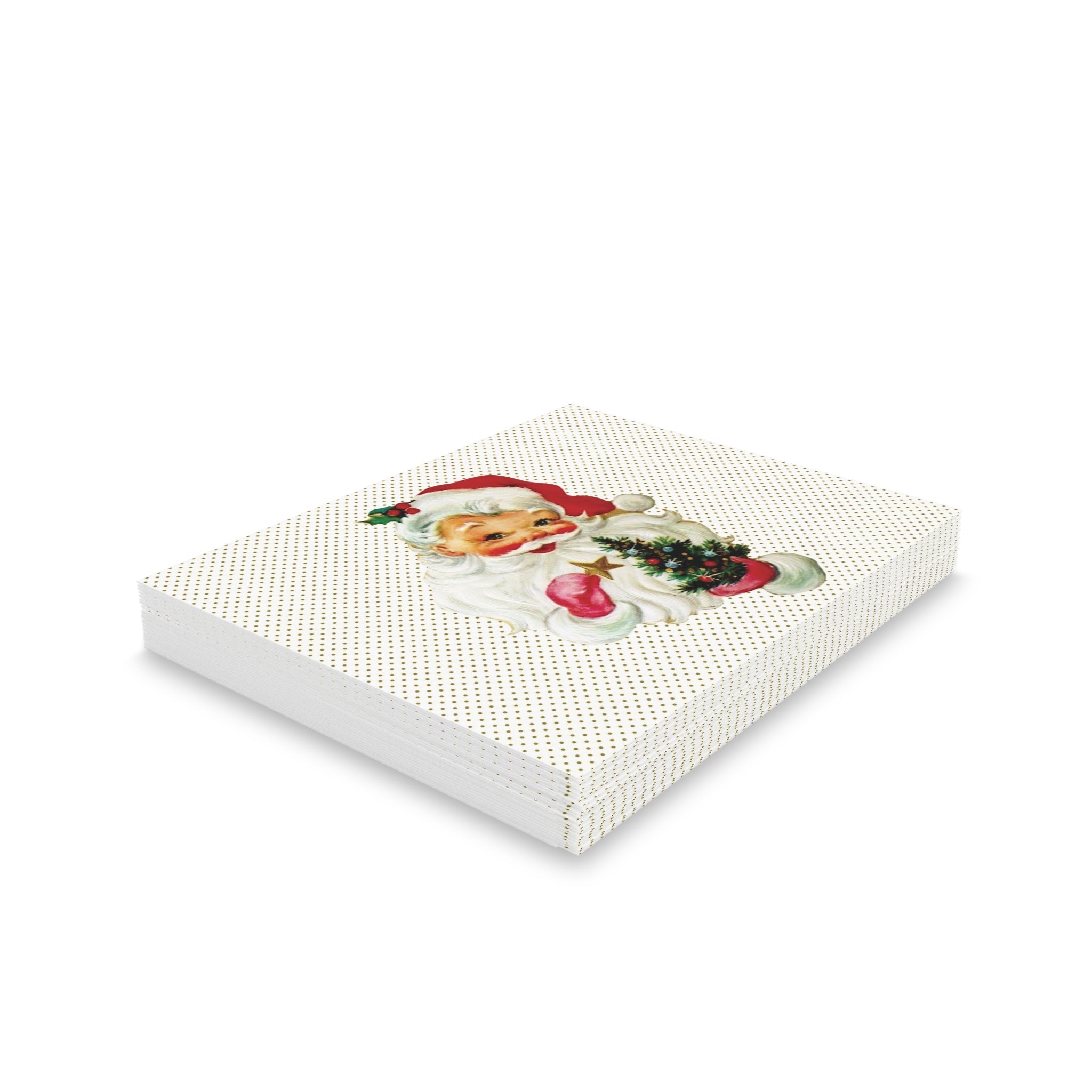 Santa With Little Christmas Tree Mid Century Retro Christmas Print Matte Greeting Cards (8, 16, and 24 pcs)