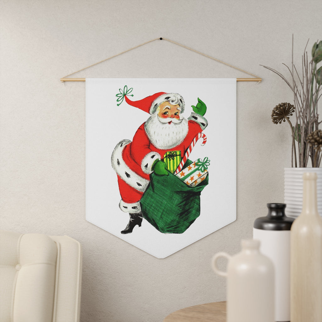 Santa With Sack Of Presents Mid Century Retro Christmas Print Wall Hanging Banner Flag