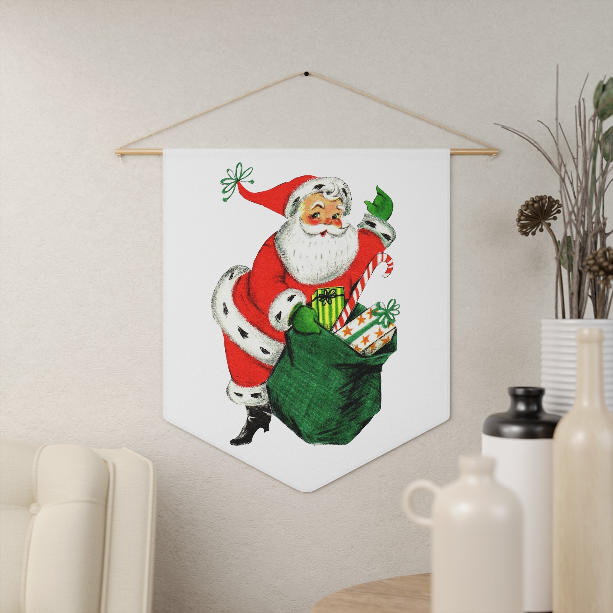 Santa With Sack Of Presents Mid Century Retro Christmas Print Wall Hanging Banner Flag