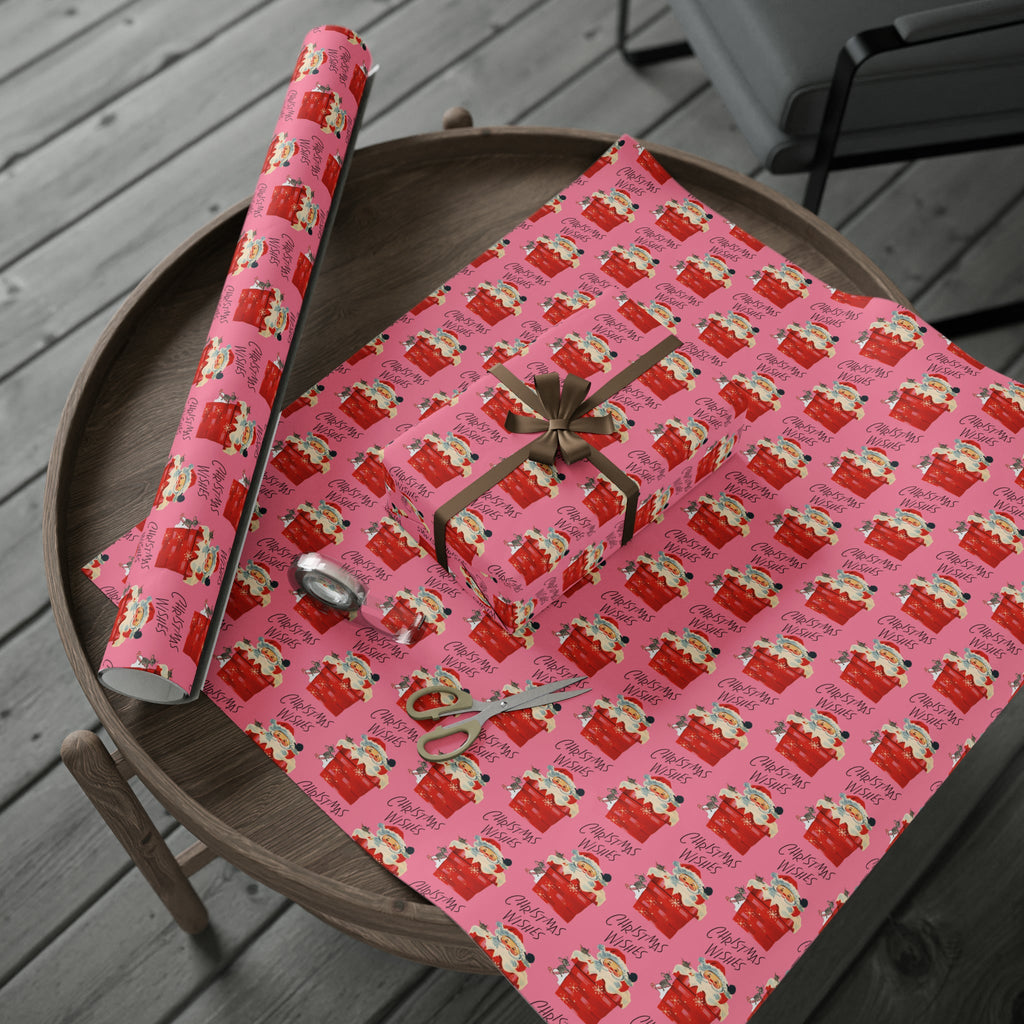 Christmas Wishes Santa In Chimney Pink Mid Century Retro Christmas Style Holiday Gift Wrap Paper - Glossy Or Matte
