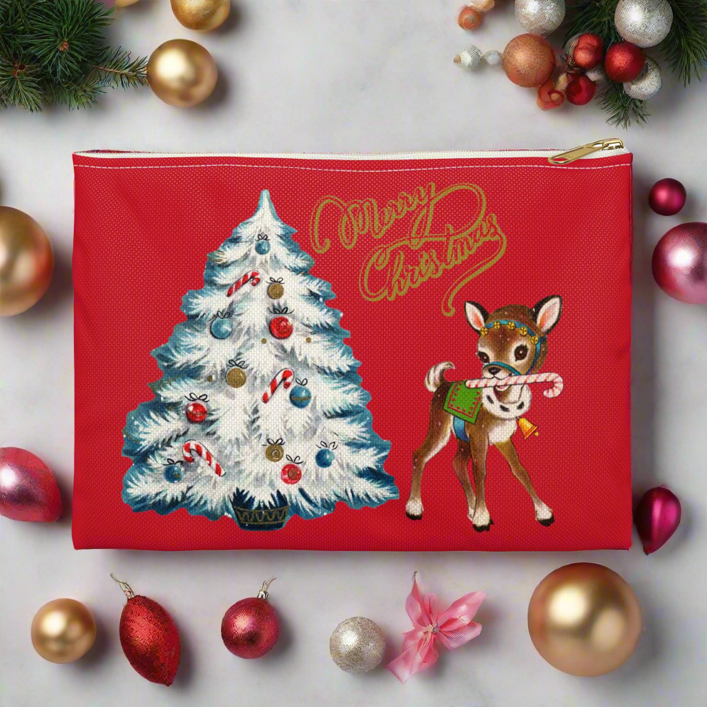 Merry Christmas Reindeer Tree Red Retro Christmas Print Polyester Accessory Pouch Travel Bag