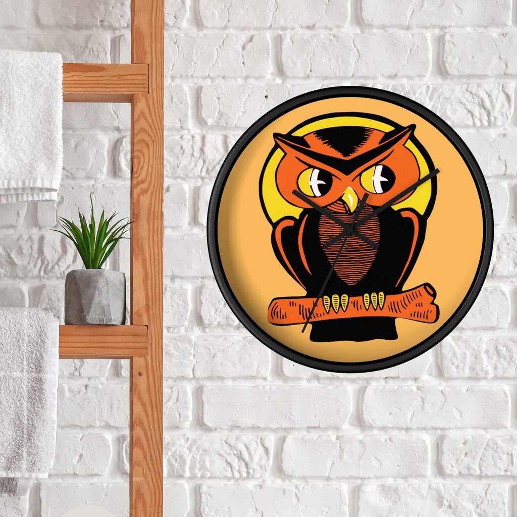 Orange Owl Yellow Moon Retro Halloween Fall Black Wooden Wall Clock