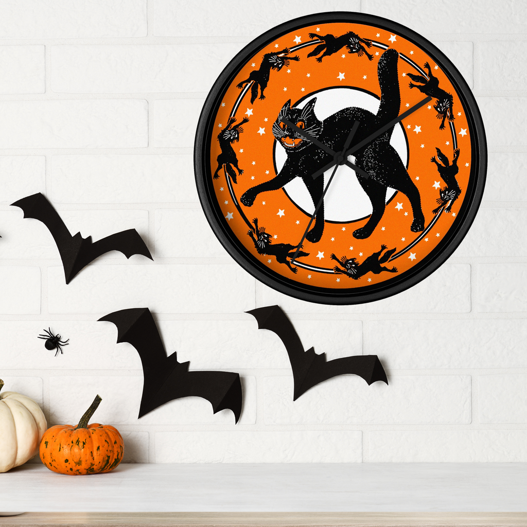 Black Cats Full Moon Stars Retro Halloween Black Wooden Wall Clock