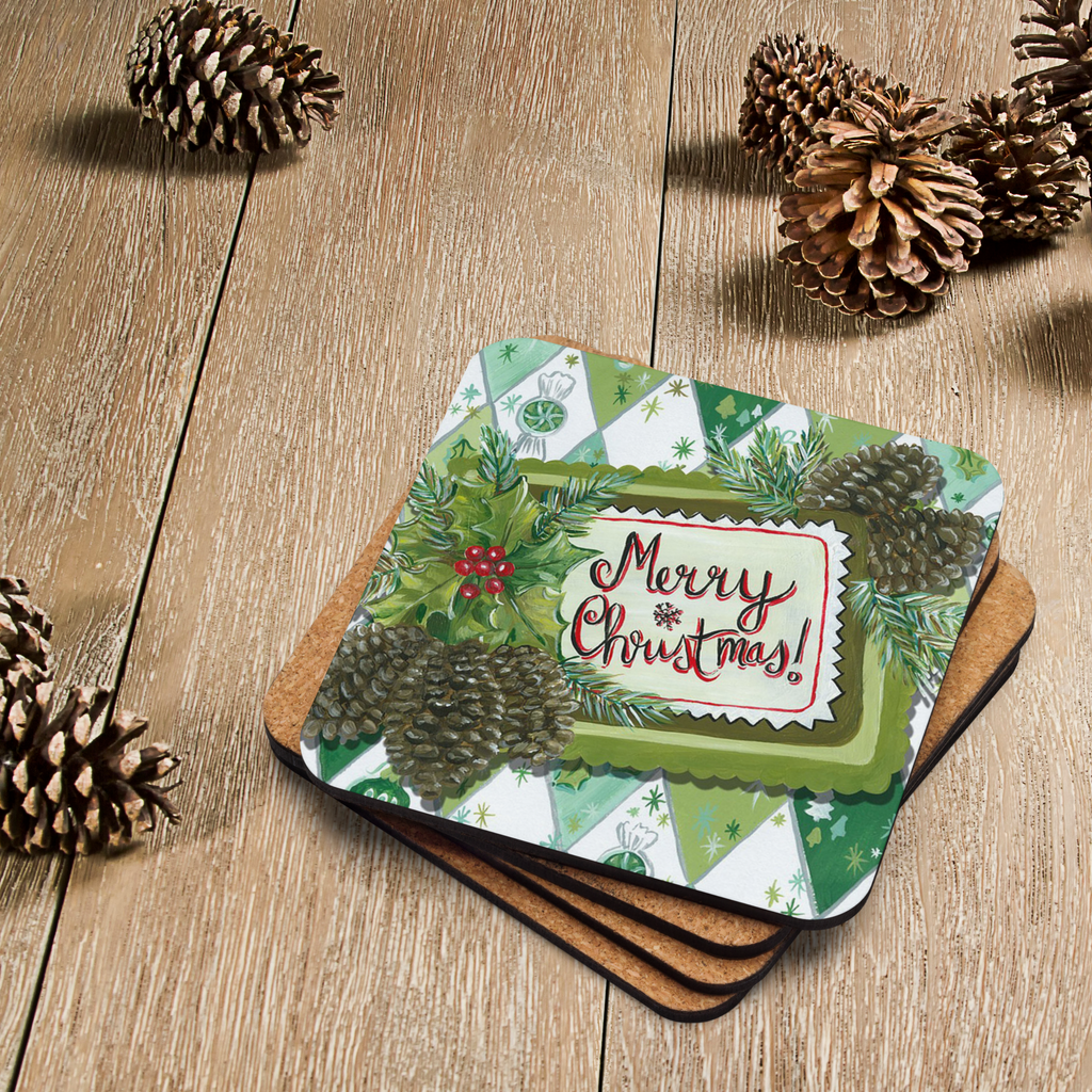 Merry Christmas Pinecones Retro Cork-back Coaster