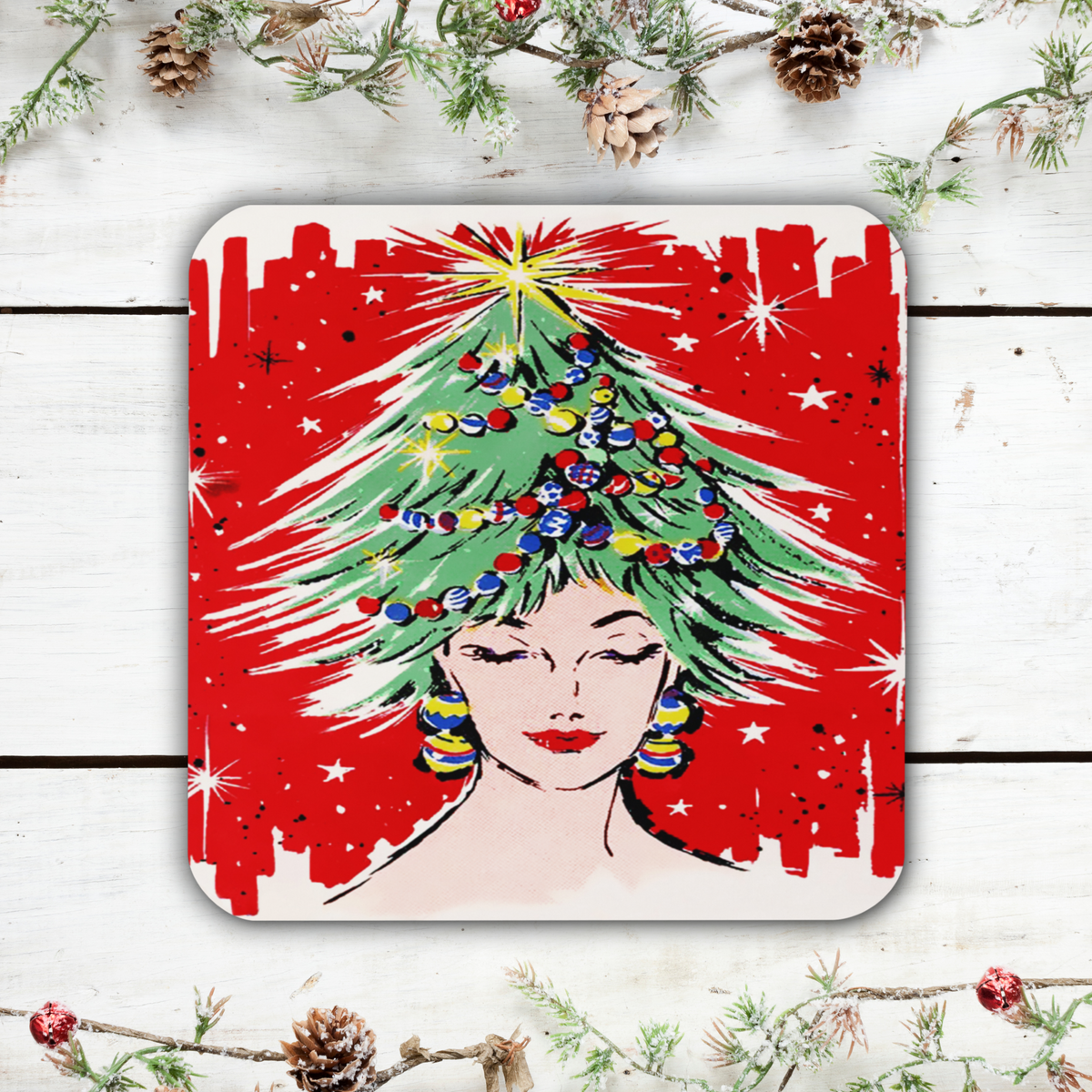Christmas Tree Hat Lady Midcentury Retro Cork-back Coaster