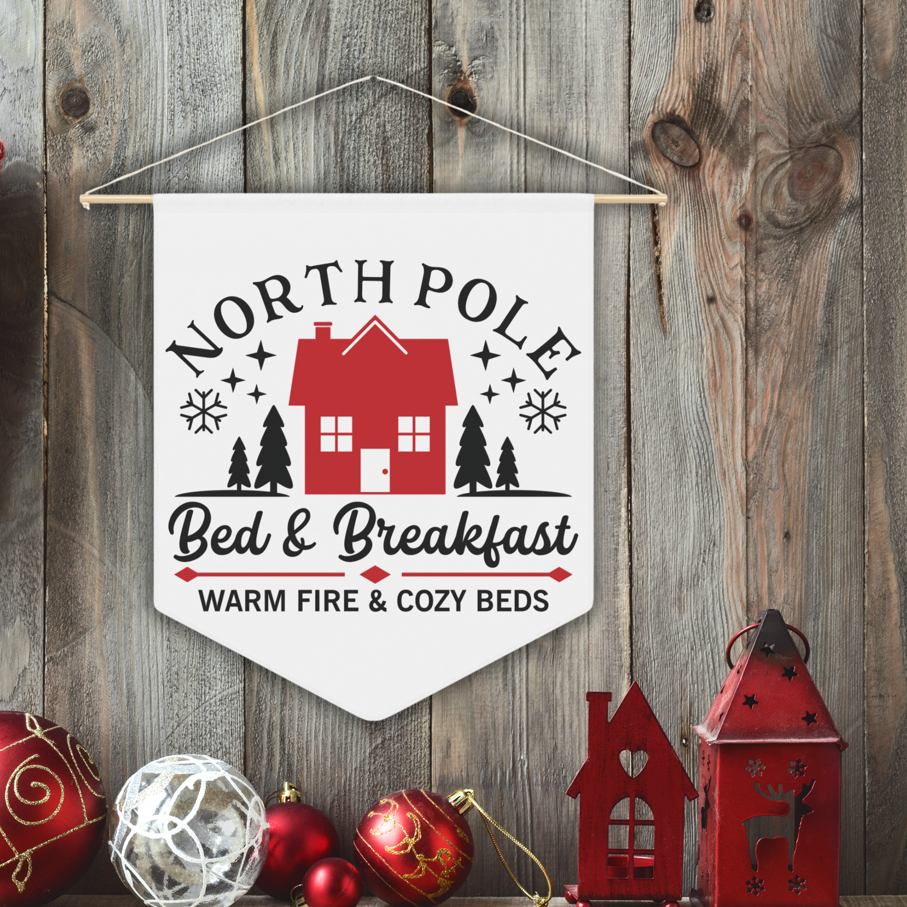 North Pole Bed And Breakfast Warm Fire And Cozy Beds Christmas Wall Hanging Banner Flag