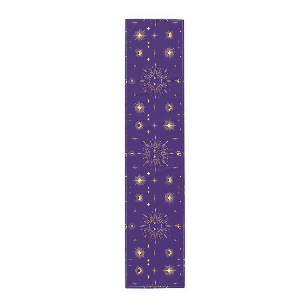 Celestial Gold Sun Stars Tarot Purple Cotton Poly Table Runner