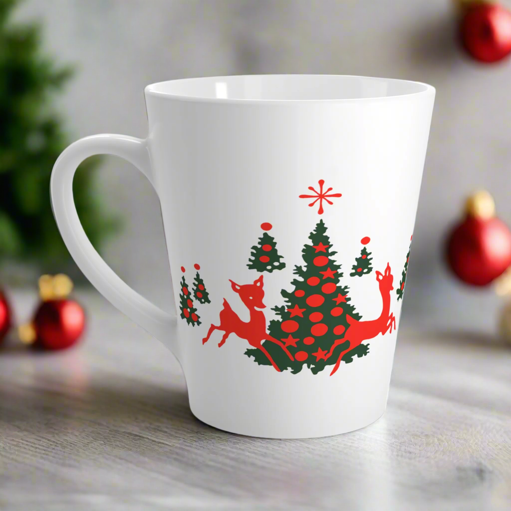 Red Reindeer Christmas Trees Mid Century Retro Latte Coffee Mug