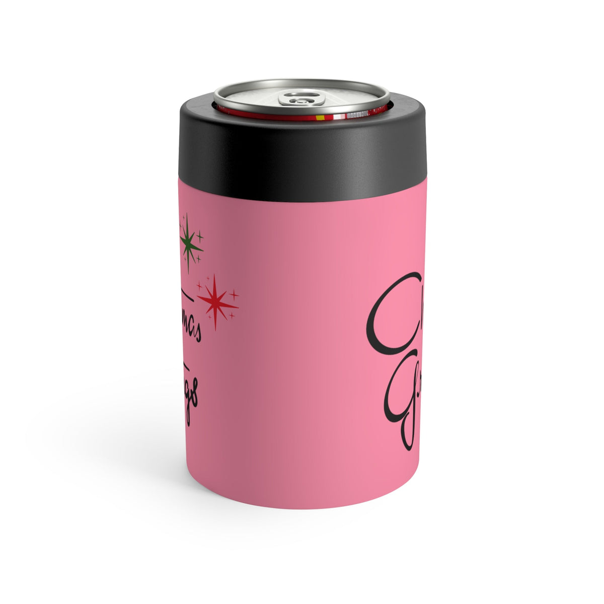 Christmas Greetings Starburst Pink Mid Century Retro Christmas Print Stainless Steel Can Holder