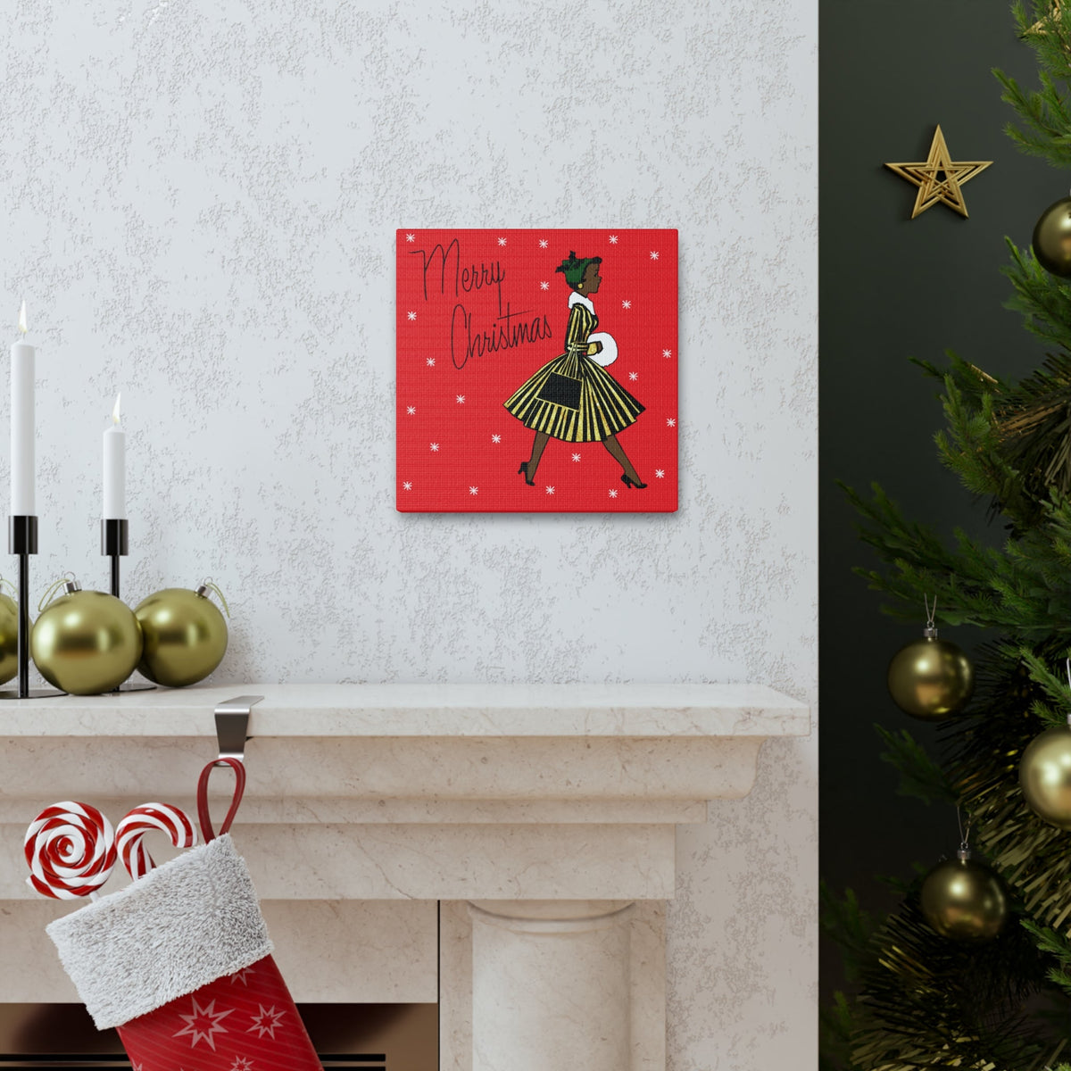 Merry Christmas Lady Mid Century Retro Print Canvas Gallery Wrap