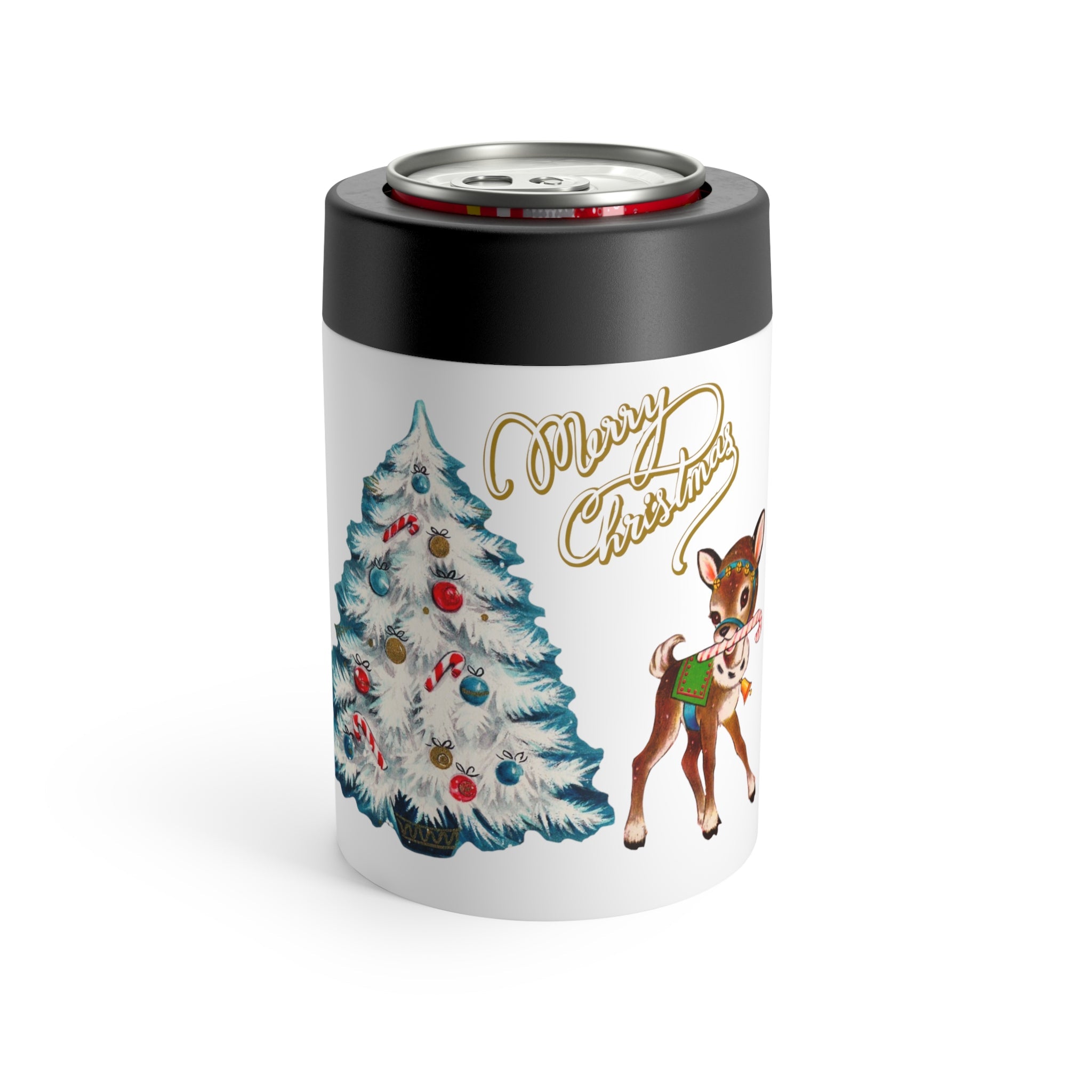 Merry Christmas Reindeer Tree Mid Century Retro Christmas Print Stainless Steel Can Holder