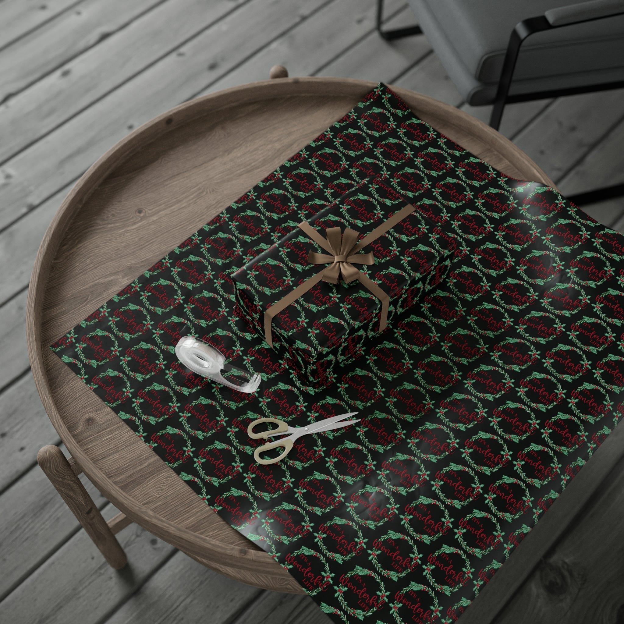 It's A Wonderful Life Christmas Wreath Black Retro Style Holiday Gift Wrap Paper - Glossy Or Matte