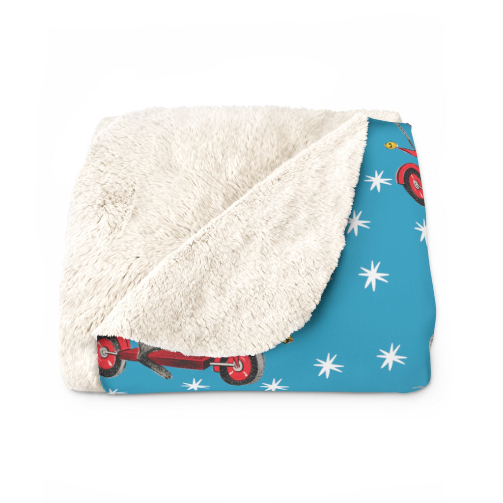 Christmas Mouse On Scooter Stars Blue Mid Century Retro Style Christmas Sherpa Fleece Blanket