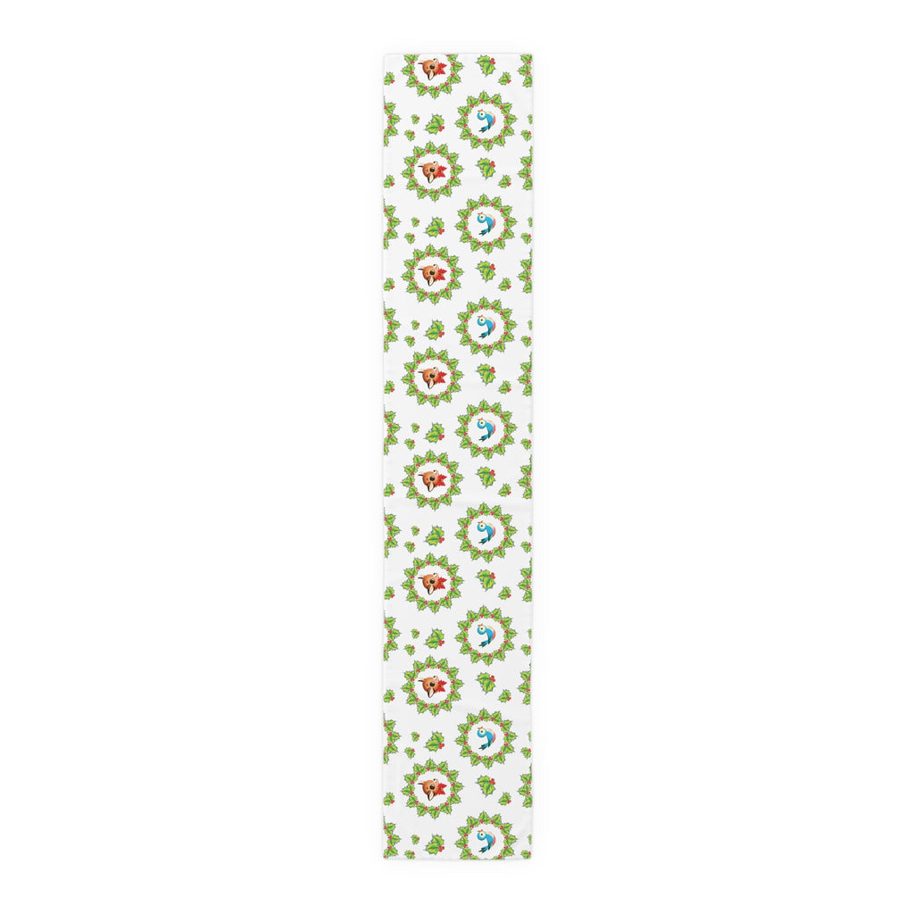 Christmas Bluebirds And Reindeer In Holly Berry Wreath Mid Century Retro Christmas Print Home Decor Cotton Poly Table Runner