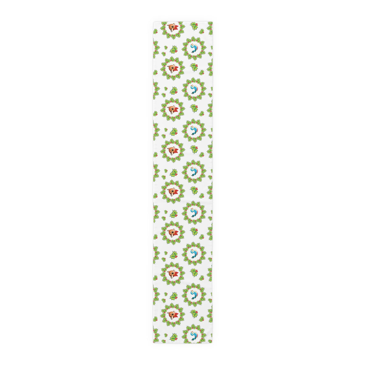 Christmas Bluebirds And Reindeer In Holly Berry Wreath Mid Century Retro Christmas Print Home Decor Cotton Poly Table Runner