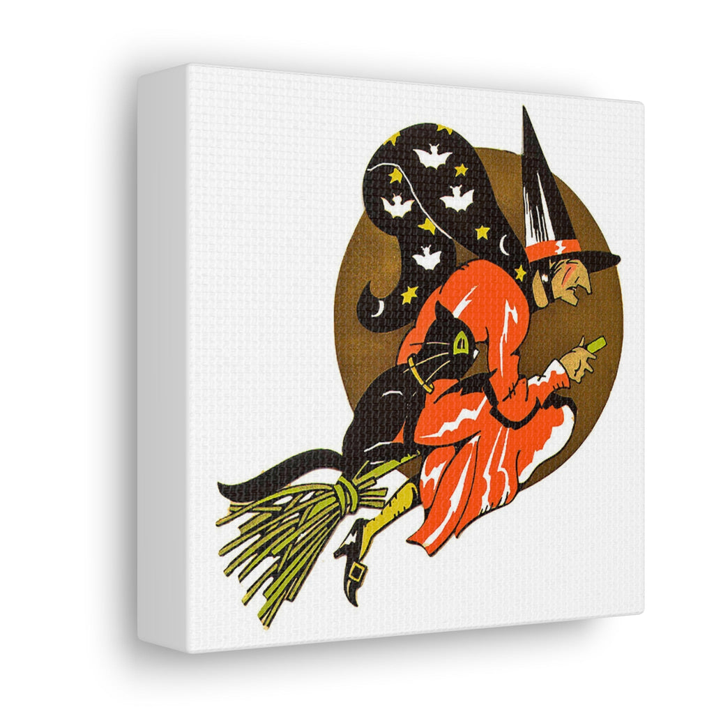 Gold Moon Witch Black Cat Retro Halloween Decor Print Canvas Gallery Wrap