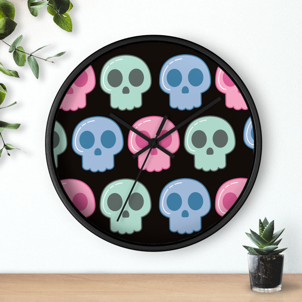 Cute Skulls Pastel Halloween Black Wall Clock
