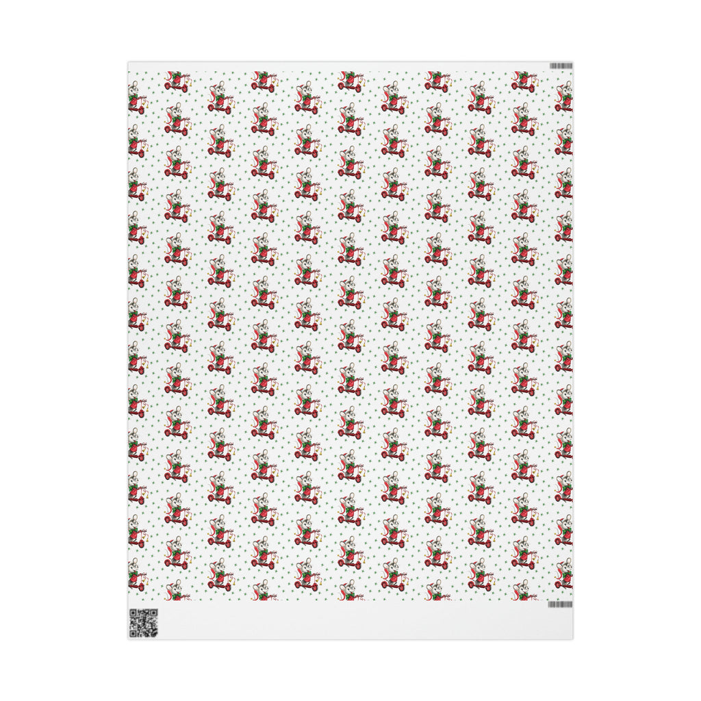 Christmas Mouse On Scooter Green Stars Mid Century Retro Christmas Print Holiday Gift Wrap Paper - Glossy Or Matte