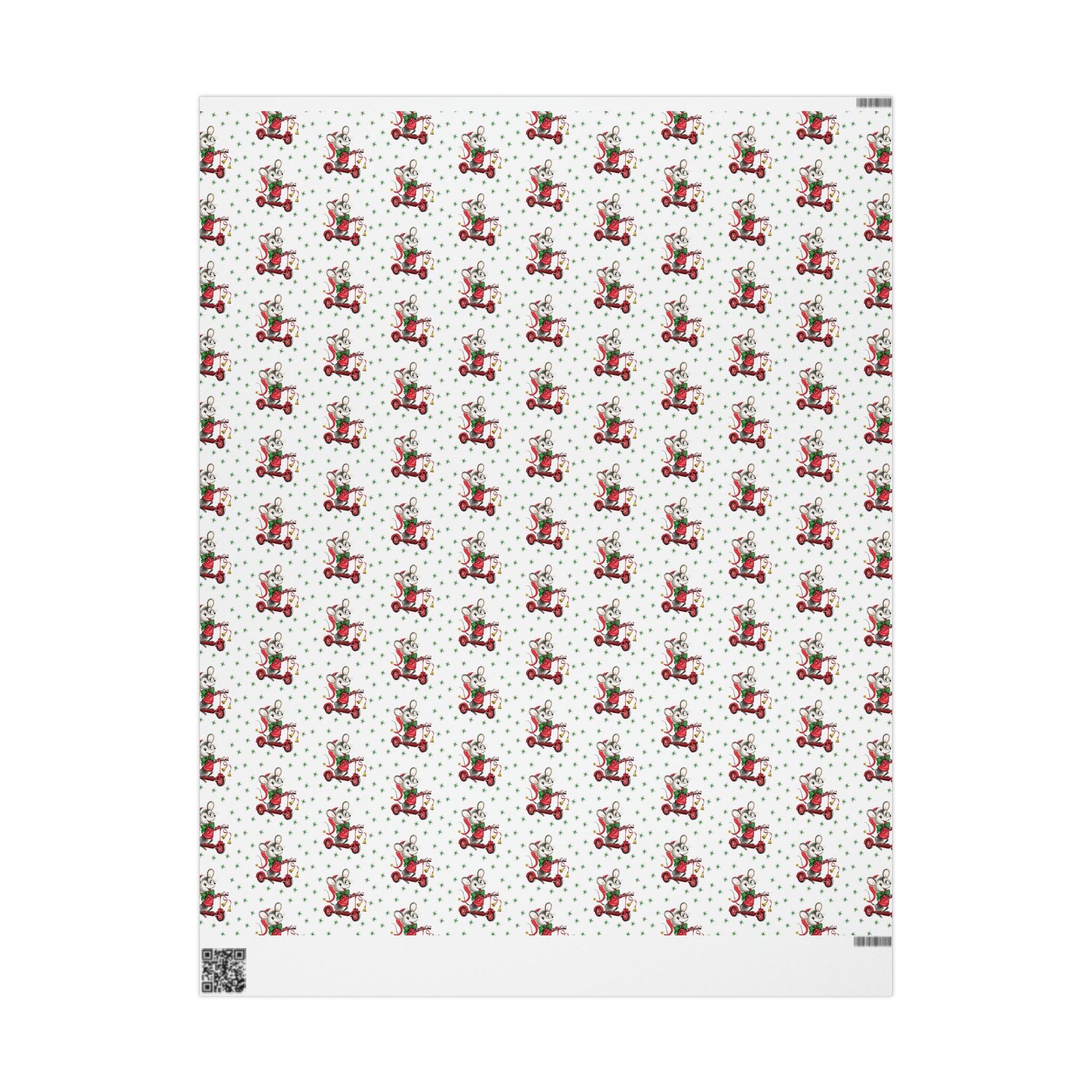 Christmas Mouse On Scooter Green Stars Mid Century Retro Christmas Print Holiday Gift Wrap Paper - Glossy Or Matte