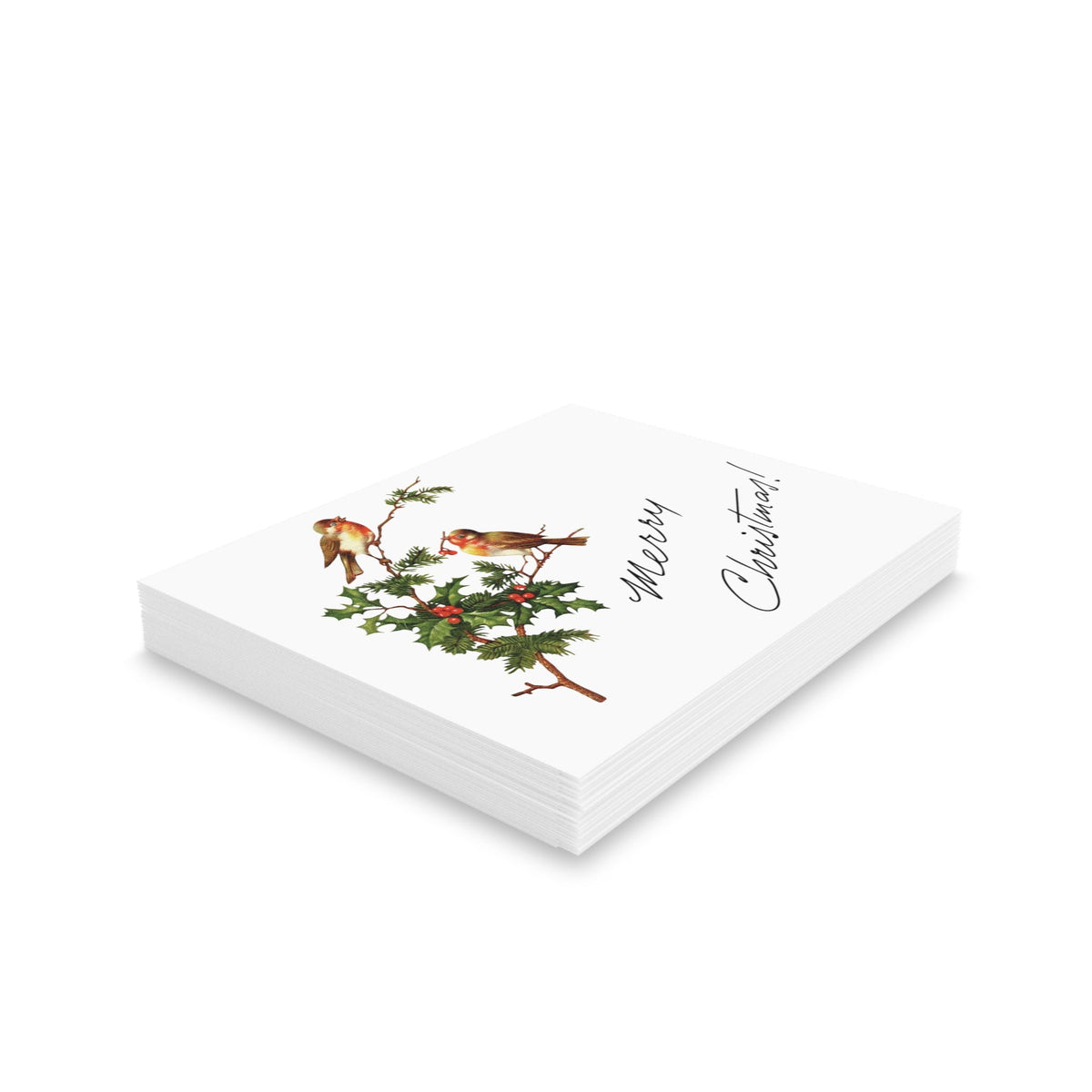 Merry Christmas Birds With Holly Berries Retro Christmas Style Pink Matte Greeting Cards (8, 16, and 24 pcs)
