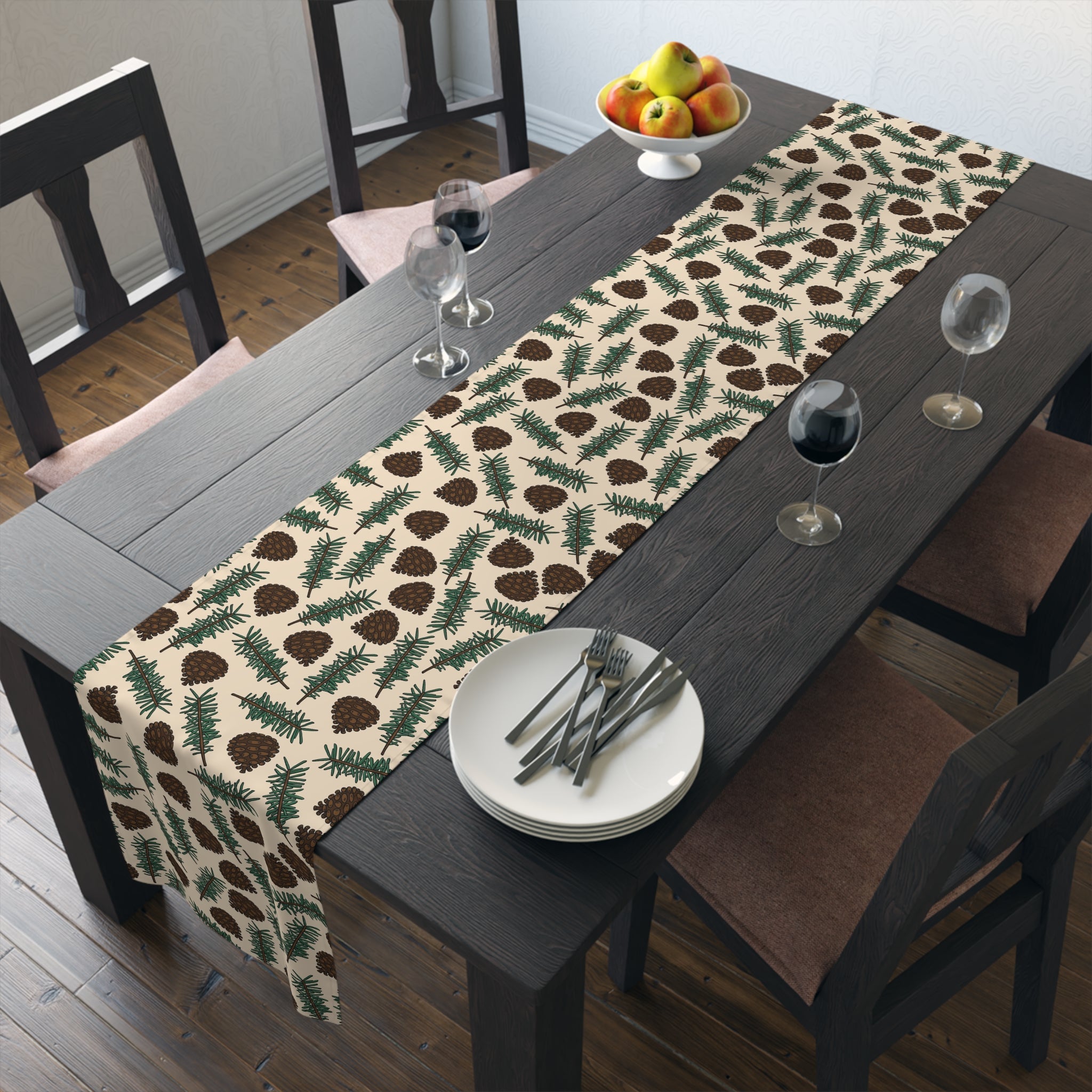 Pinecones With Sprigs Of Pine Cute Winter Christmas Print Home Decor Cotton Poly Table Runner