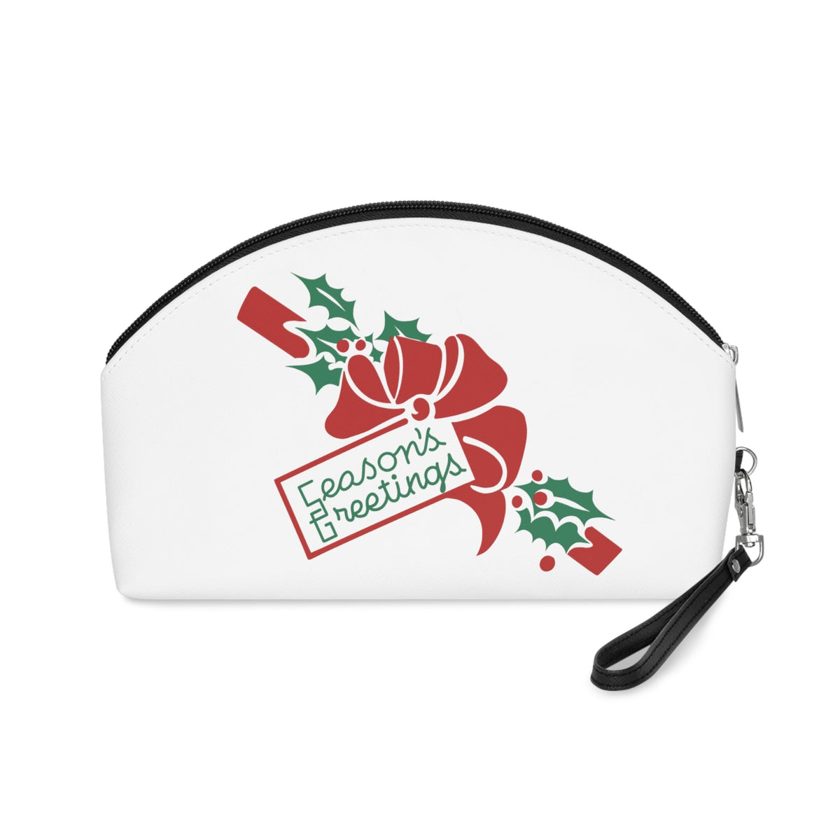 Season's Greetings Bow And Holly Mid Century Retro Christmas Print Travel Cosmetic Makeup Bag