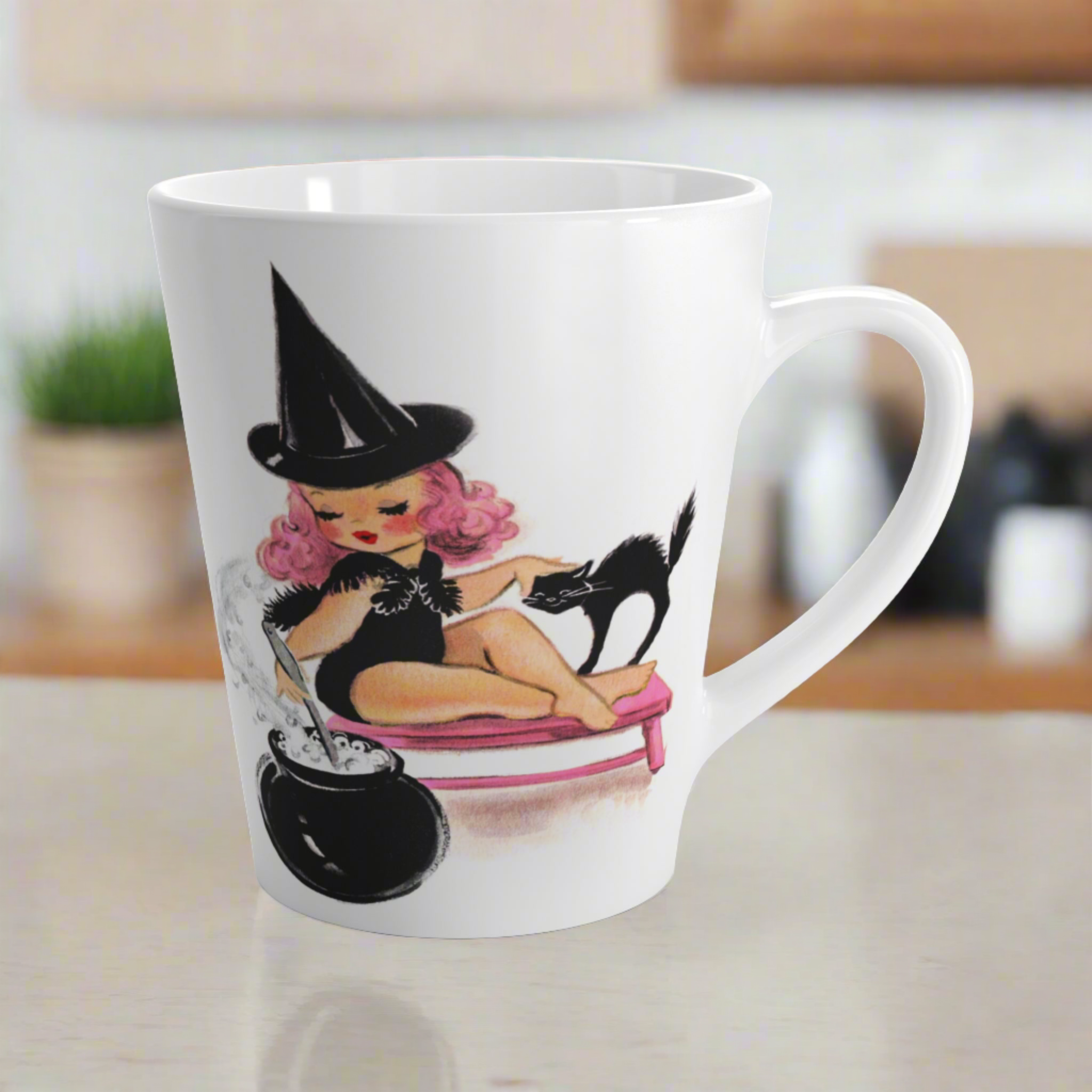 Pink Witch Black Cat Cauldron  Halloween Retro Print Latte Mug