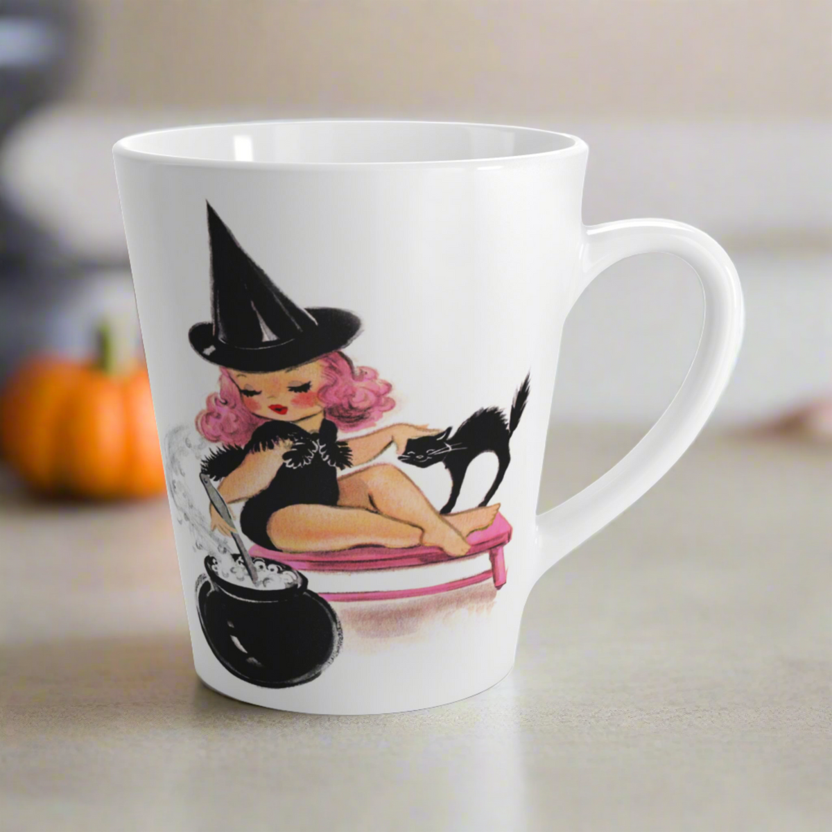 Pink Witch Black Cat Cauldron  Halloween Retro Print Latte Mug