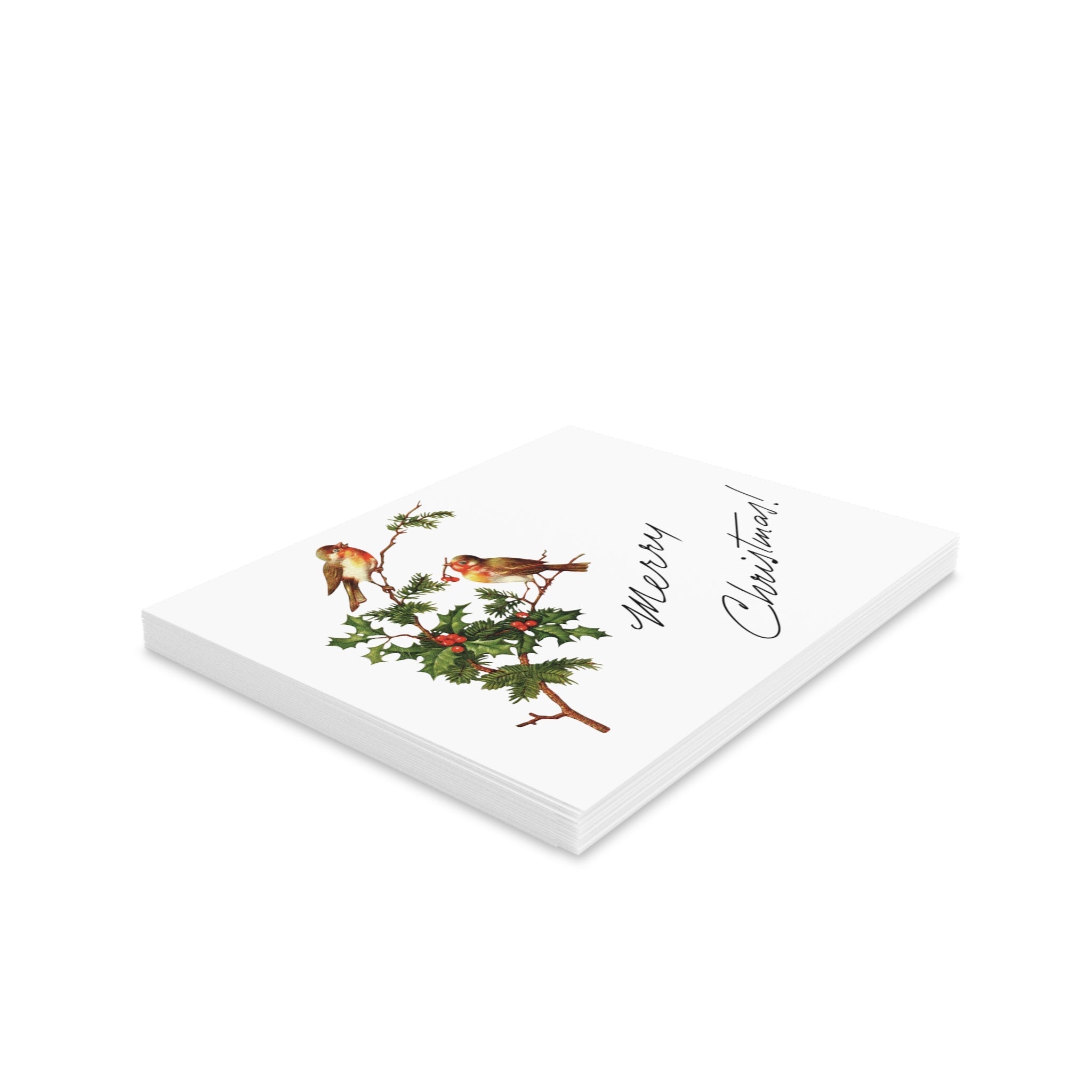Merry Christmas Birds With Holly Berries Retro Christmas Style Pink Matte Greeting Cards (8, 16, and 24 pcs)
