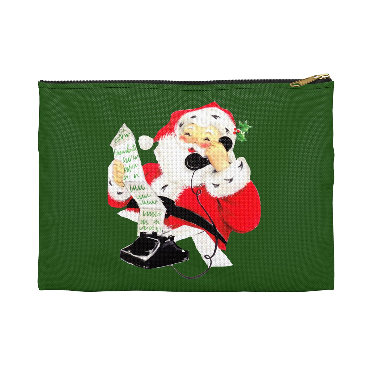 Santa Checking His List On Telephone Mid Century Retro Christmas Print Accessory Polyester Pouch Travel Bag