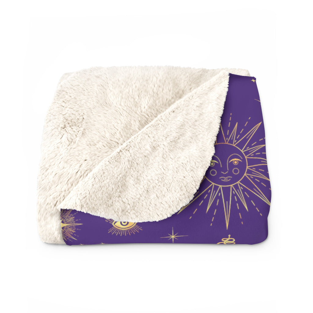 Gold Sun Stars Celestial Tarot Purple Sherpa Fleece Blanket