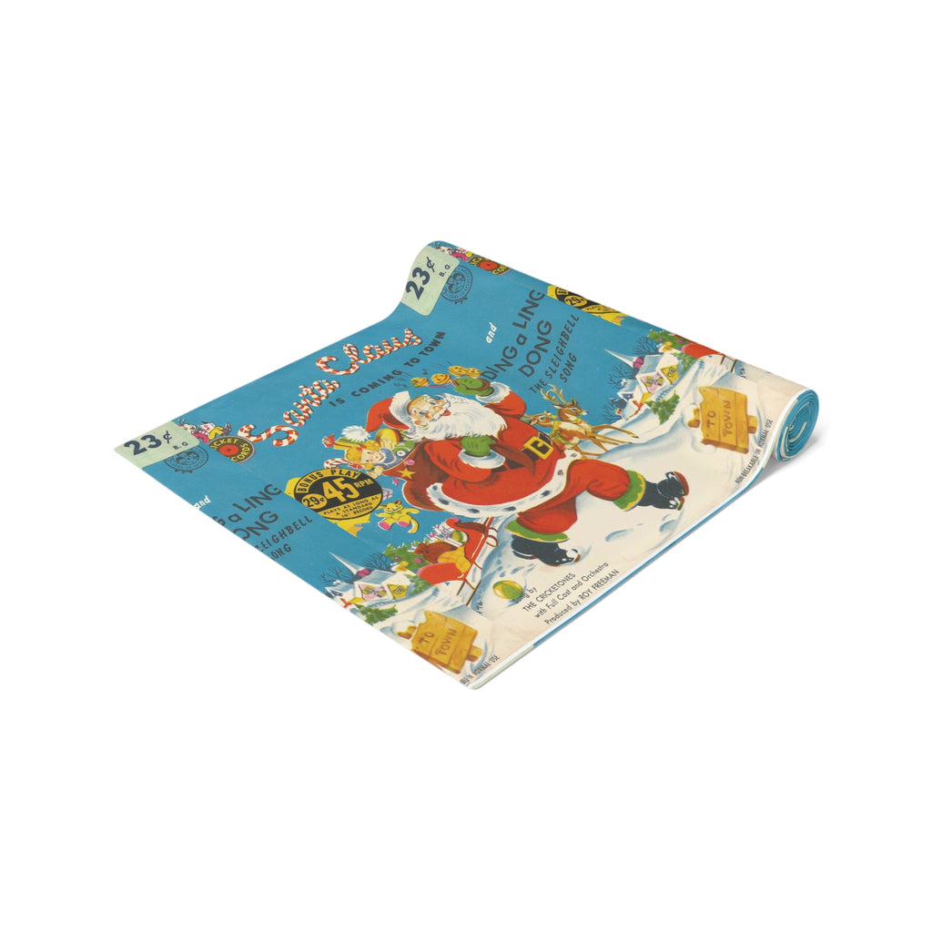 Santa Claus Is Coming To Town Record Cover Retro Mid Century Christmas Print Home Decor Cotton Poly Table Runner