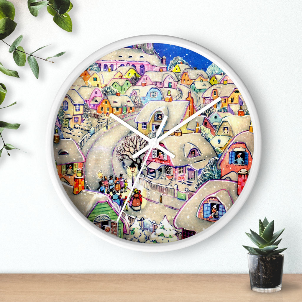 Christmas Town Retro Print White Christmas Wall Clock