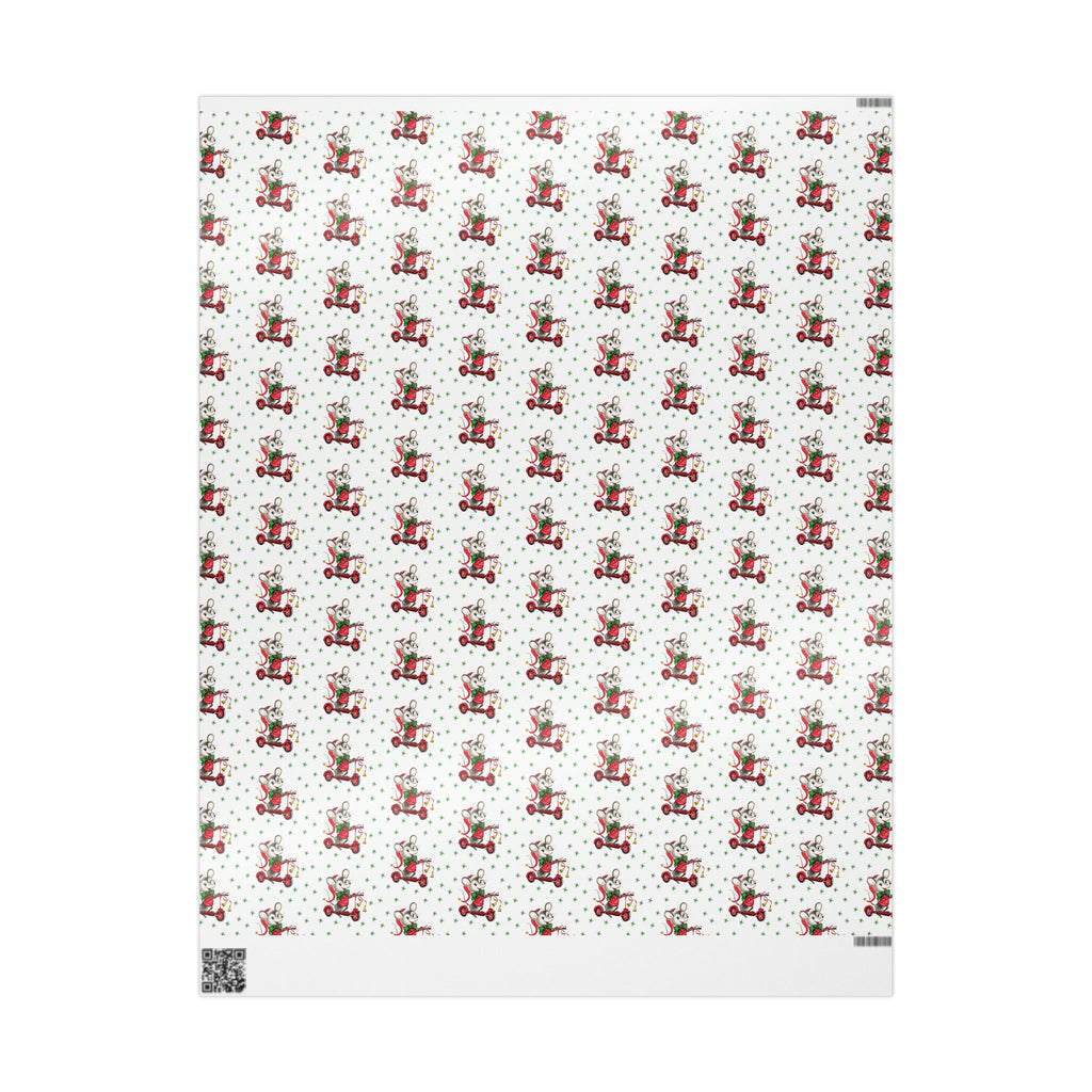 Christmas Mouse On Scooter Green Stars Mid Century Retro Christmas Print Holiday Gift Wrap Paper - Glossy Or Matte