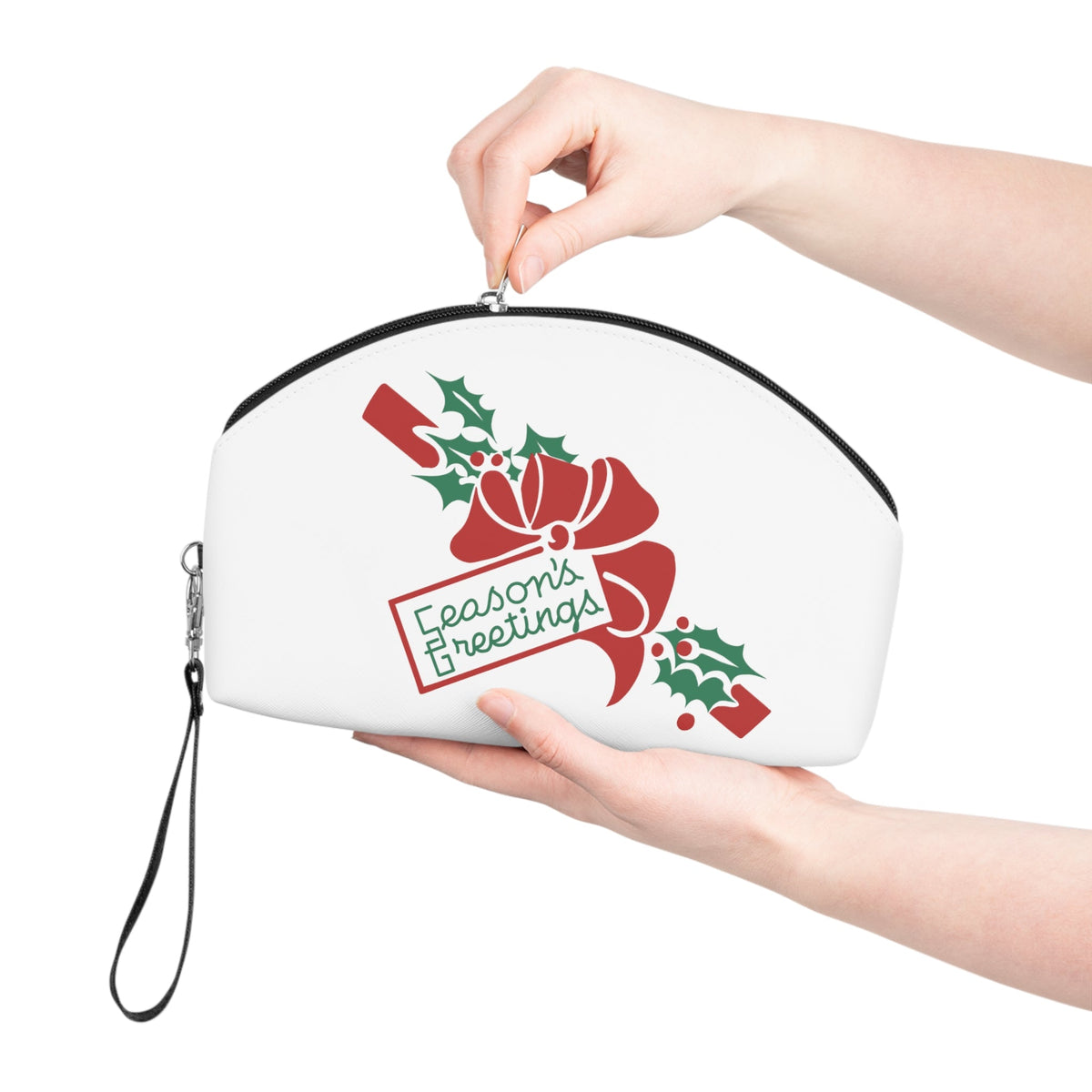 Season's Greetings Bow And Holly Mid Century Retro Christmas Print Travel Cosmetic Makeup Bag